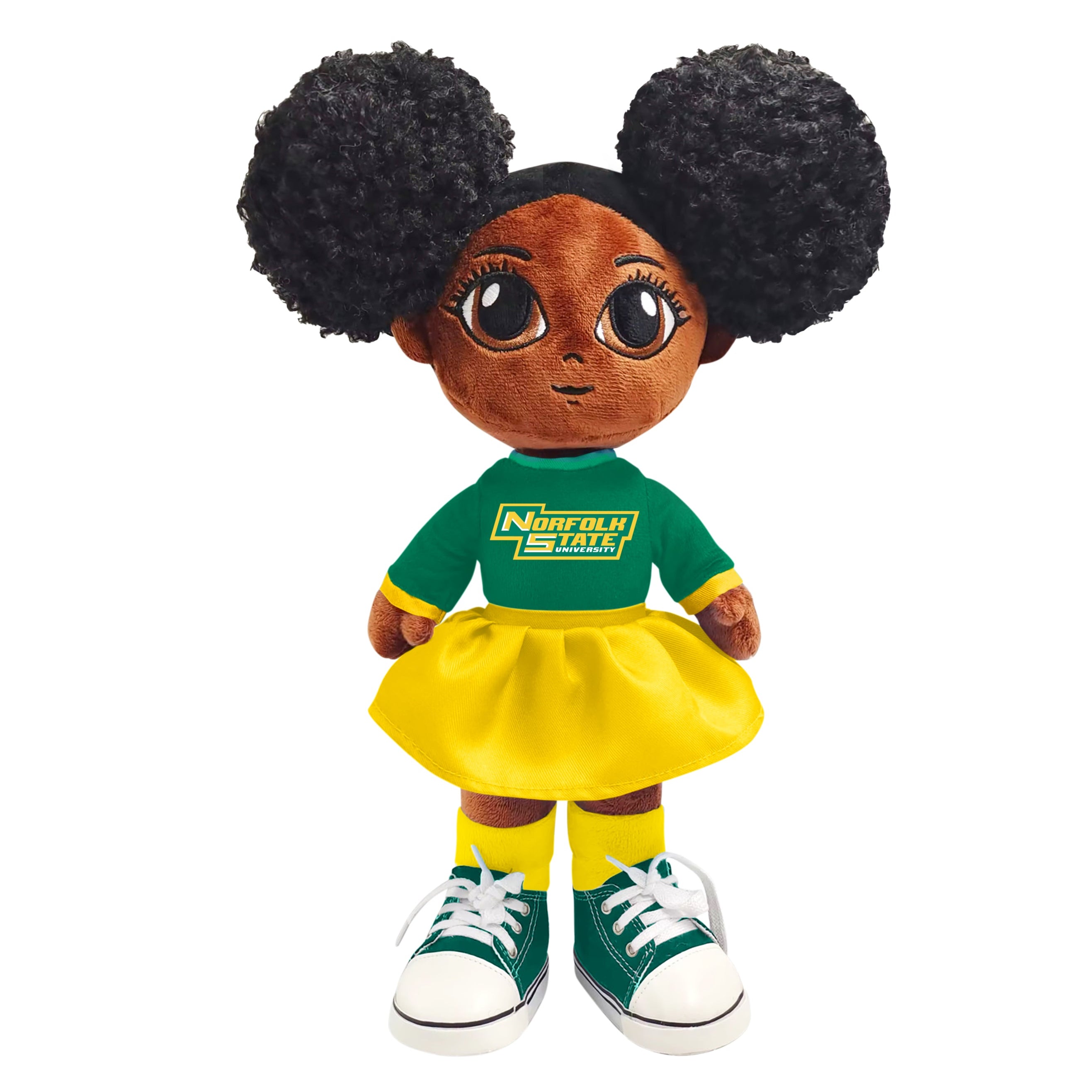 Toy doll with black hair styled in buns, wearing a green shirt and yellow skirt with 'Norfolk State' text on a white background.