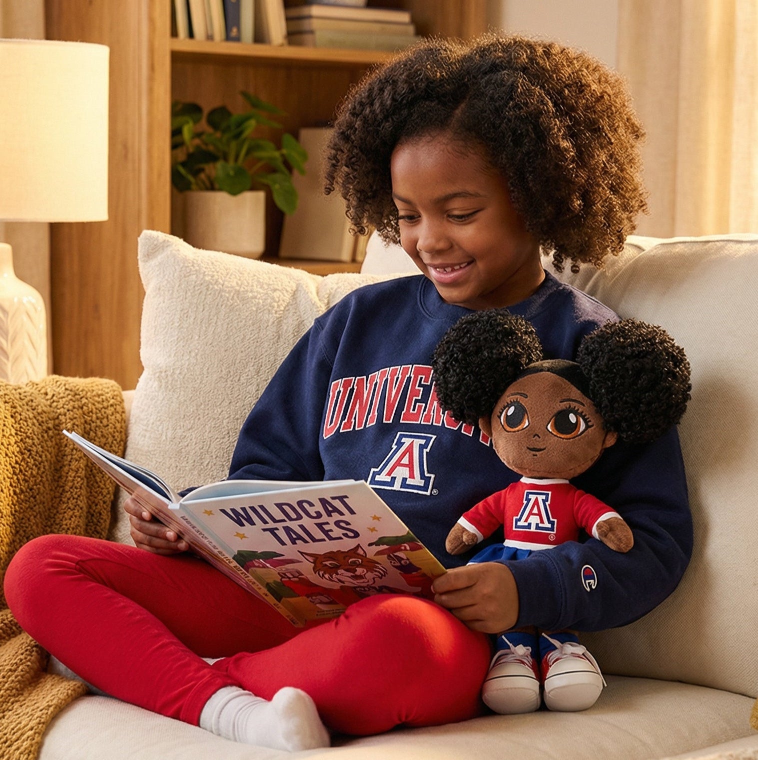 Child reading a book with a doll on a couch in a cozy living room.