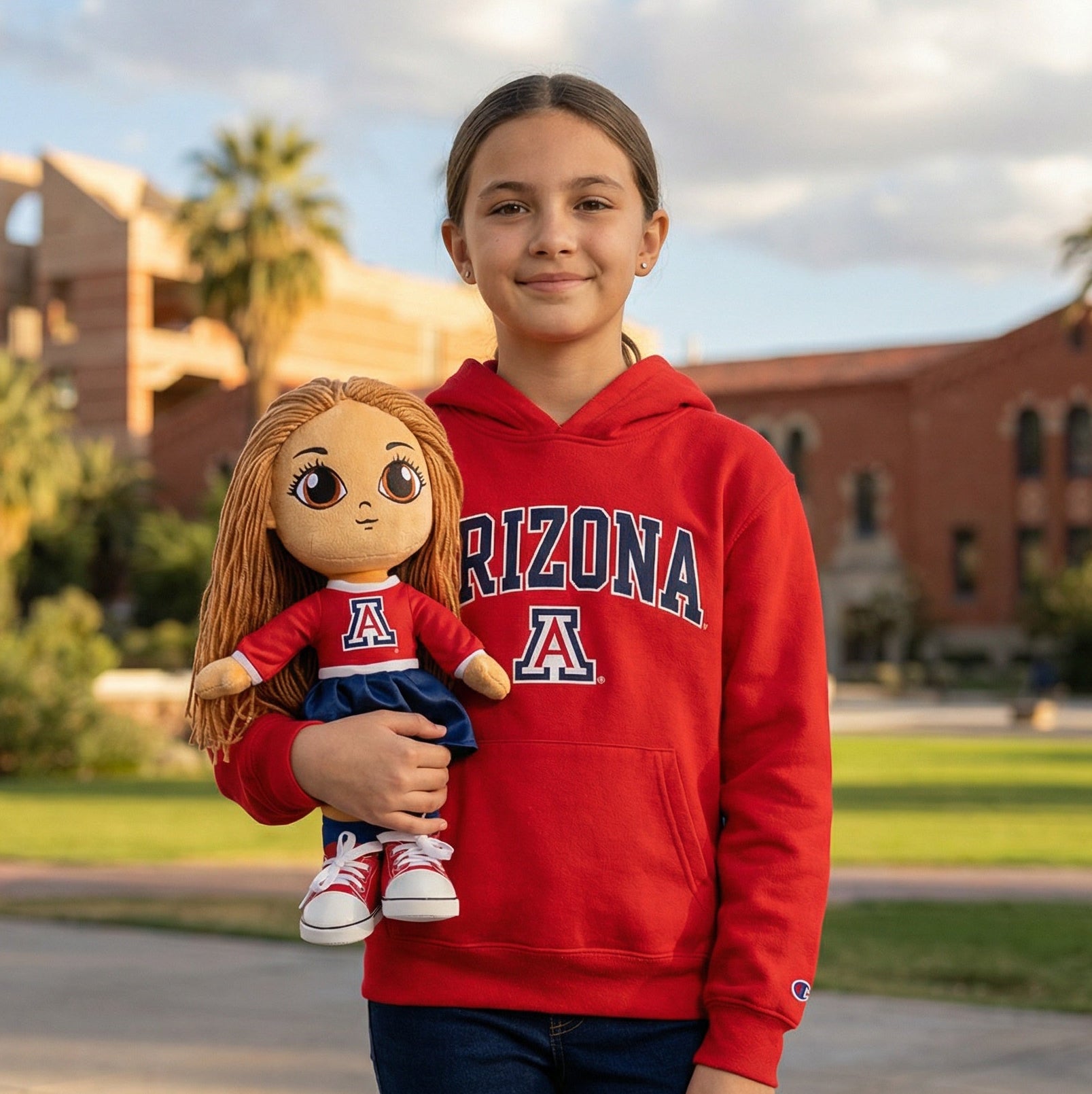 Person wearing a red 'Arizona' hoodie holding a doll in an outdoor setting with buildings and greenery.