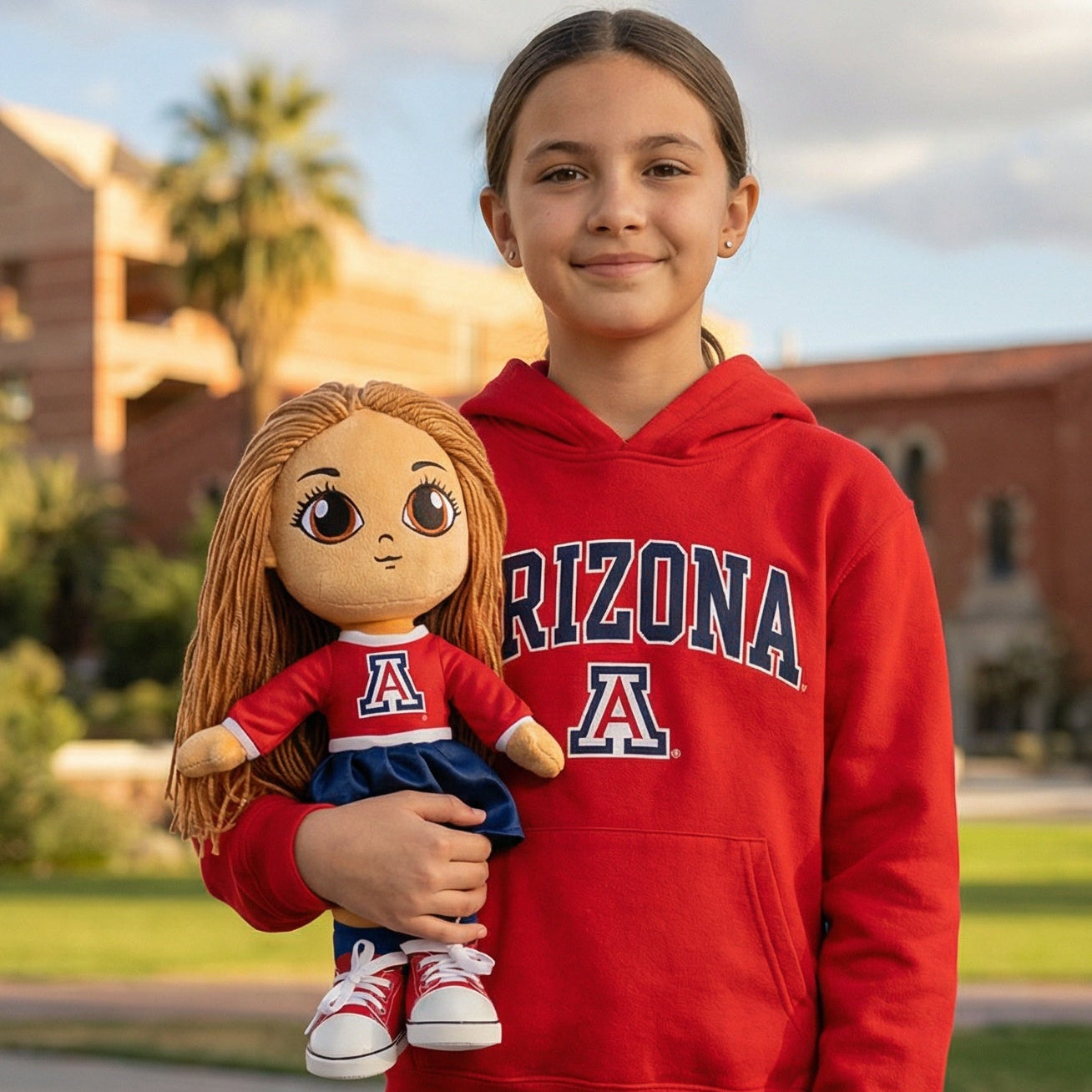 Person wearing a red 'Arizona' hoodie holding a doll in an outdoor setting with buildings and greenery.