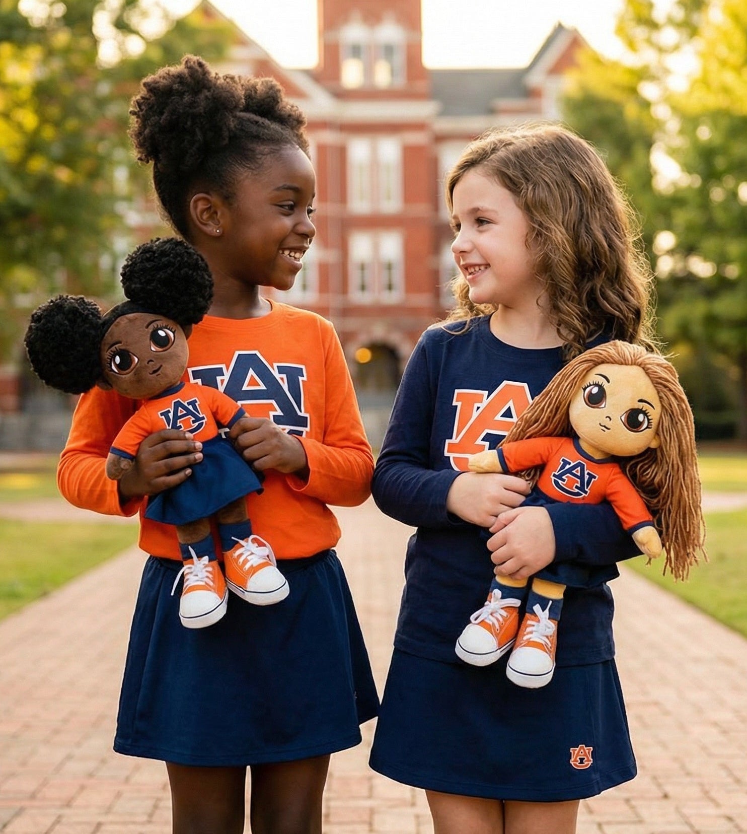 Two young girls holding dolls in front of a clock tower.