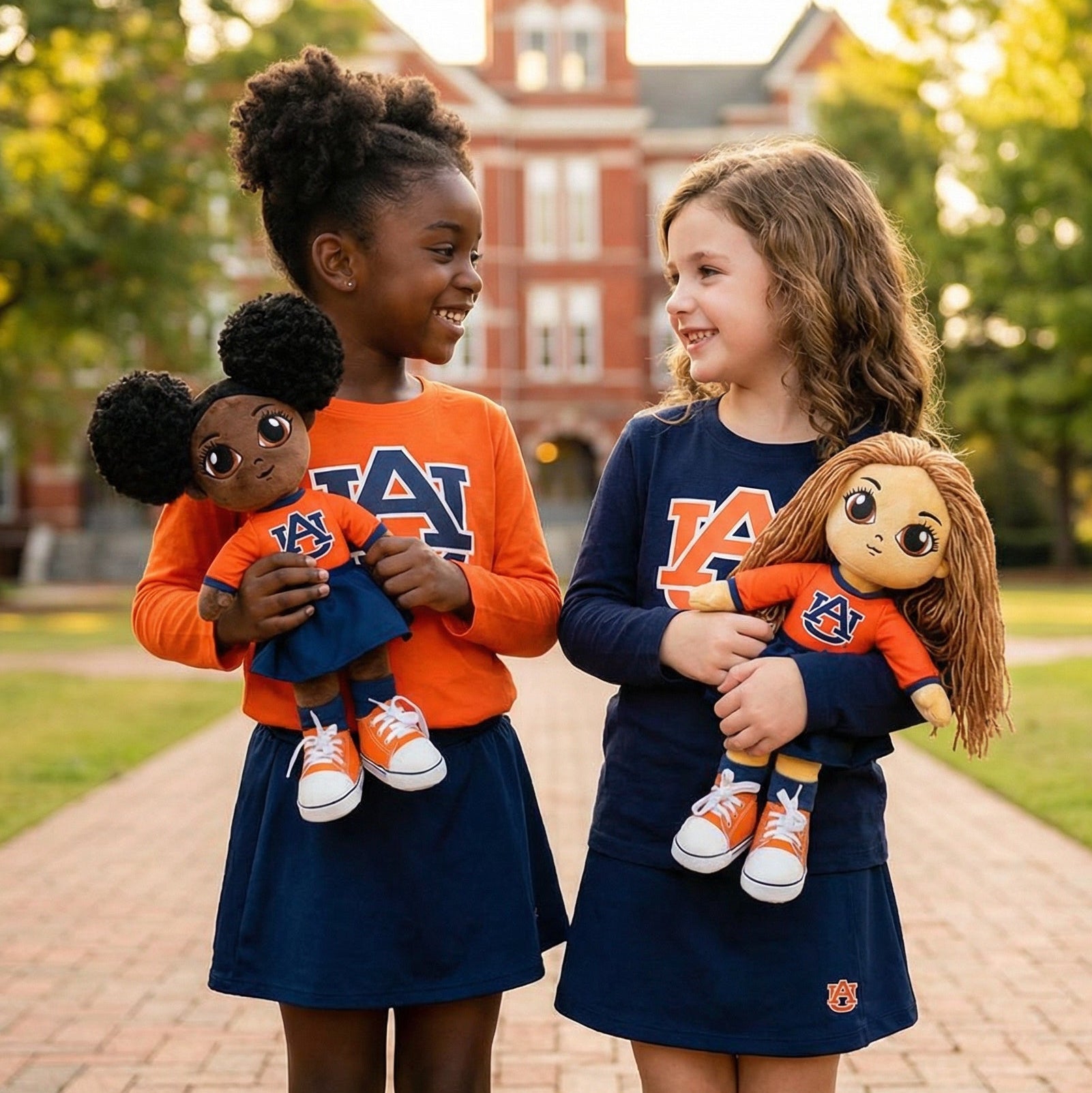 Two young girls holding dolls in front of a clock tower.