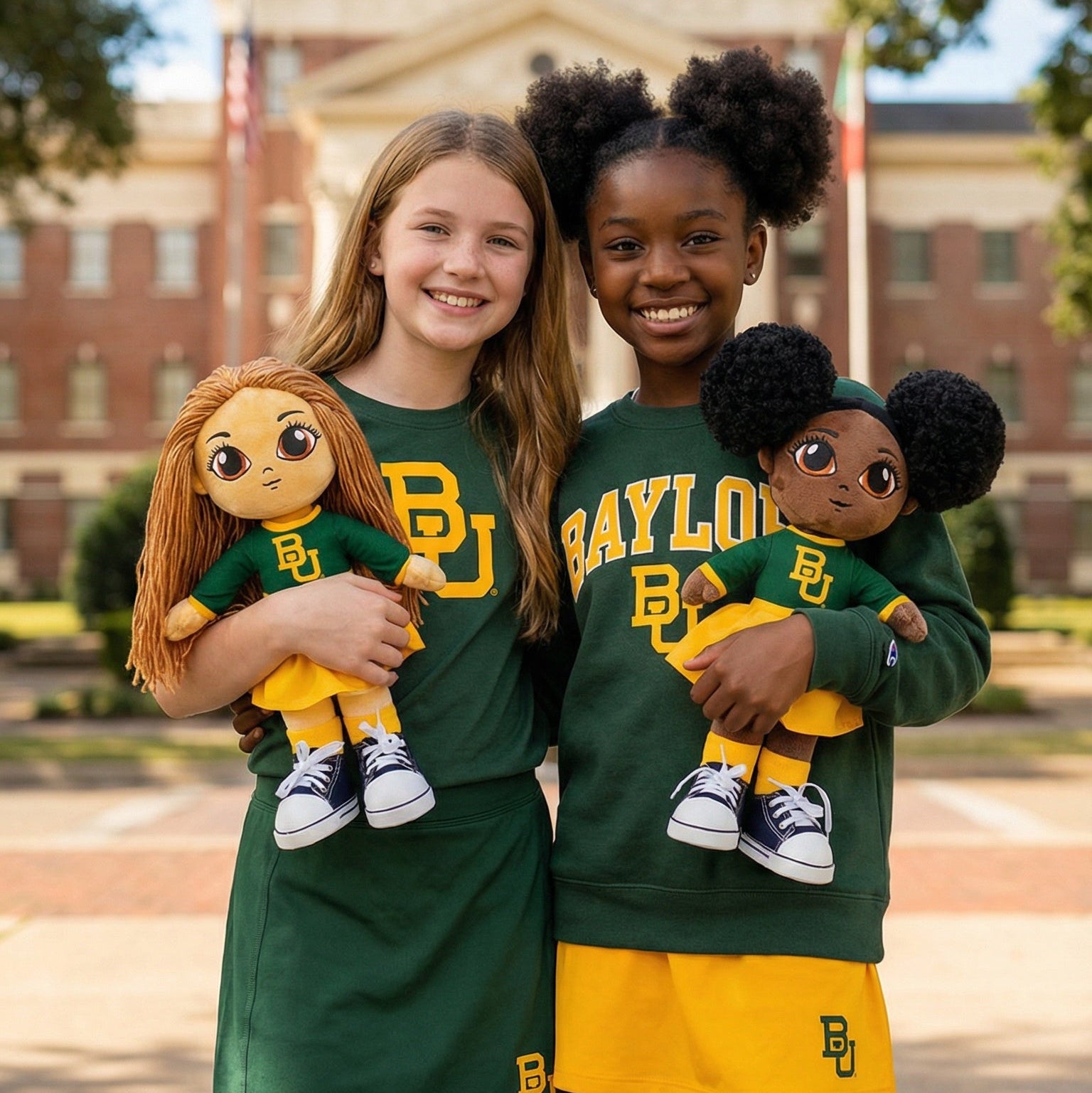 Two young girls in Baylor University green and yellow outfits holding dolls on a campus background.