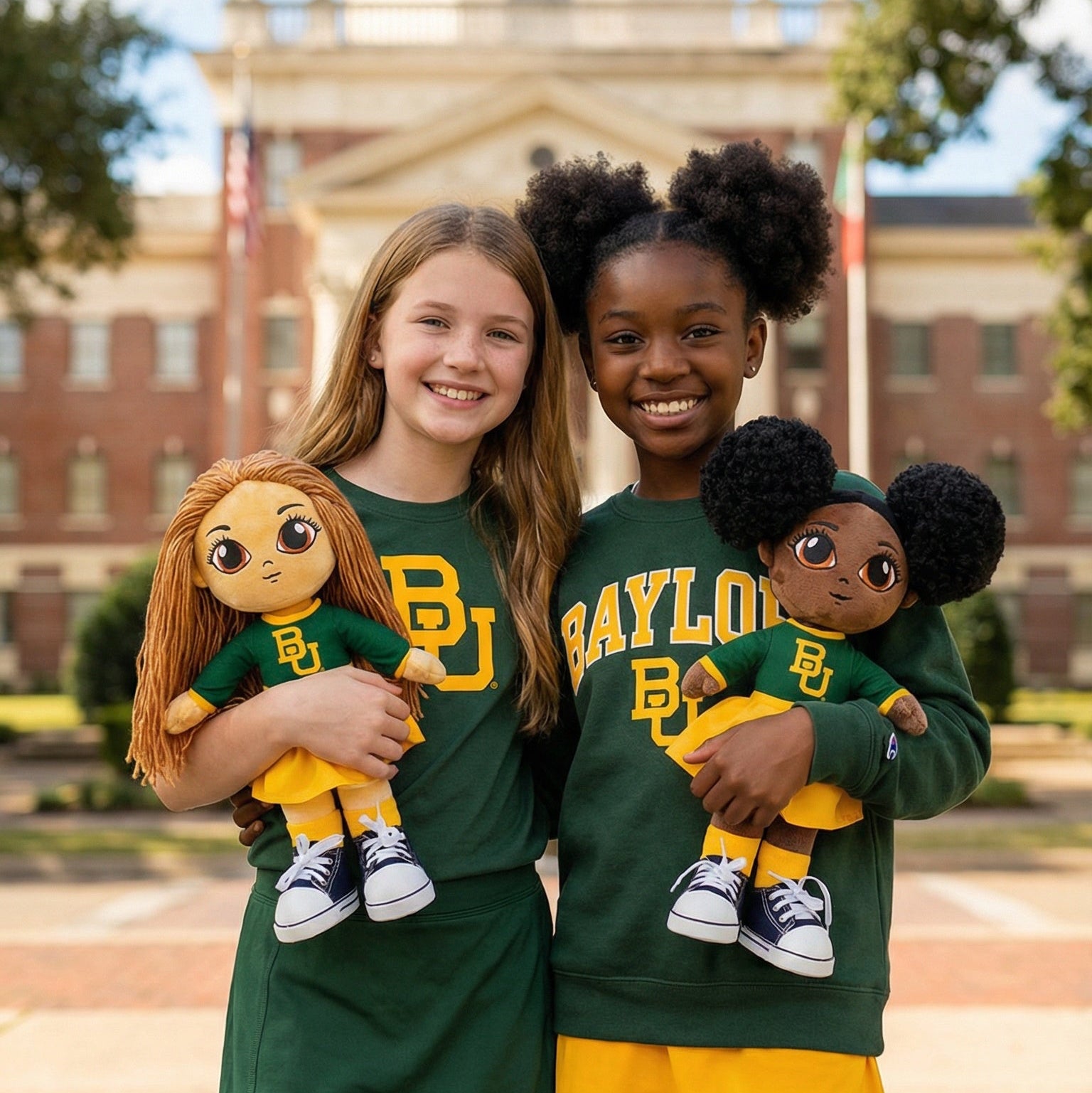 Two young girls in Baylor University green and yellow outfits holding dolls on a campus background.