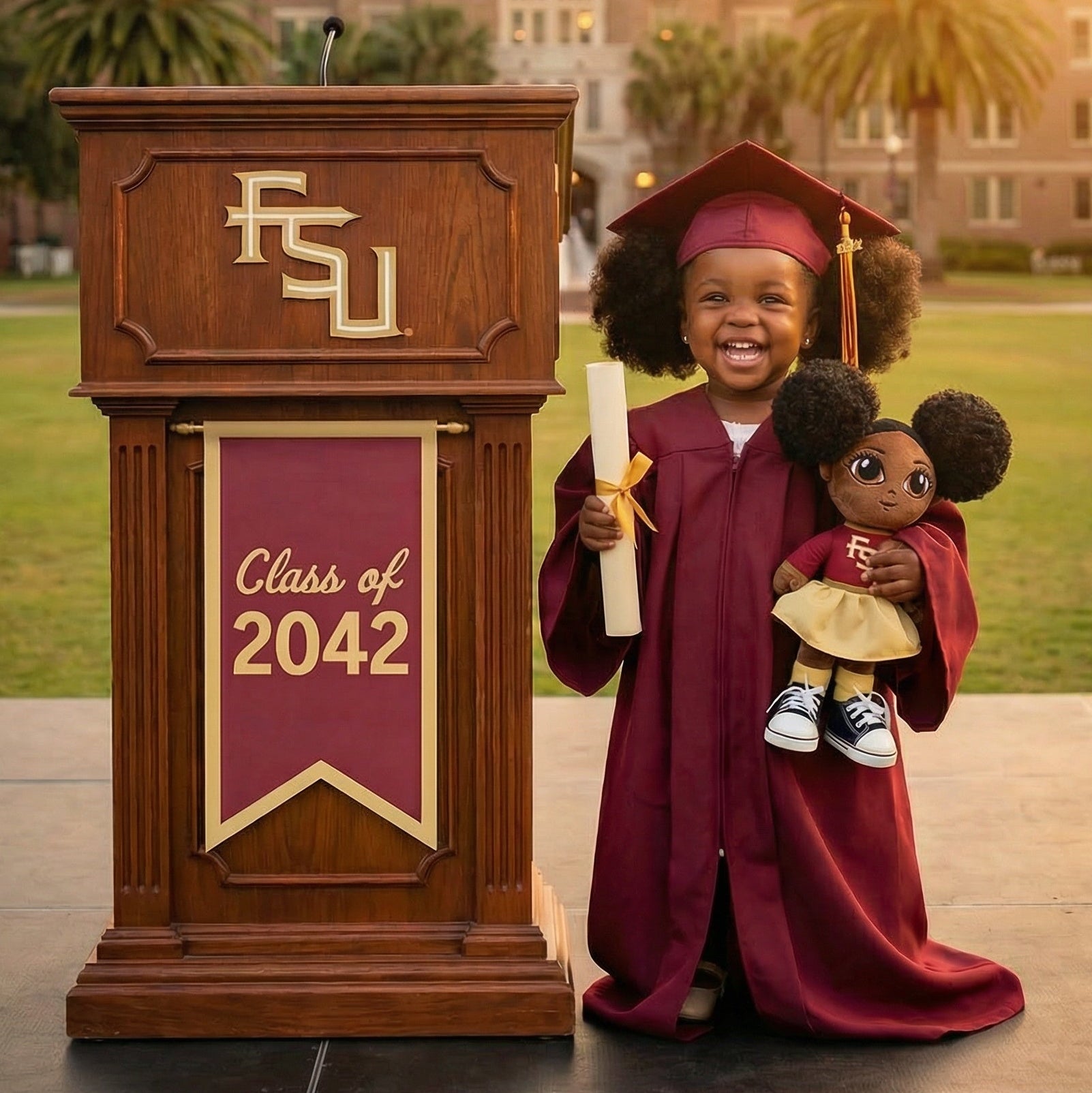 Child in graduation gown holding a doll, standing next to a podium with 'FSU Class of 2042' banner.