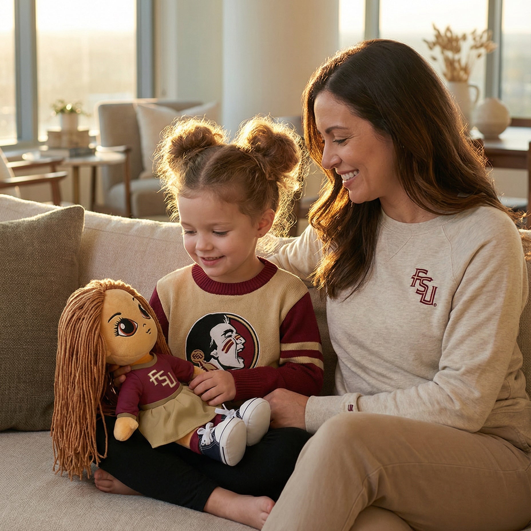 Woman and child sitting on a couch with a doll, in a home setting.