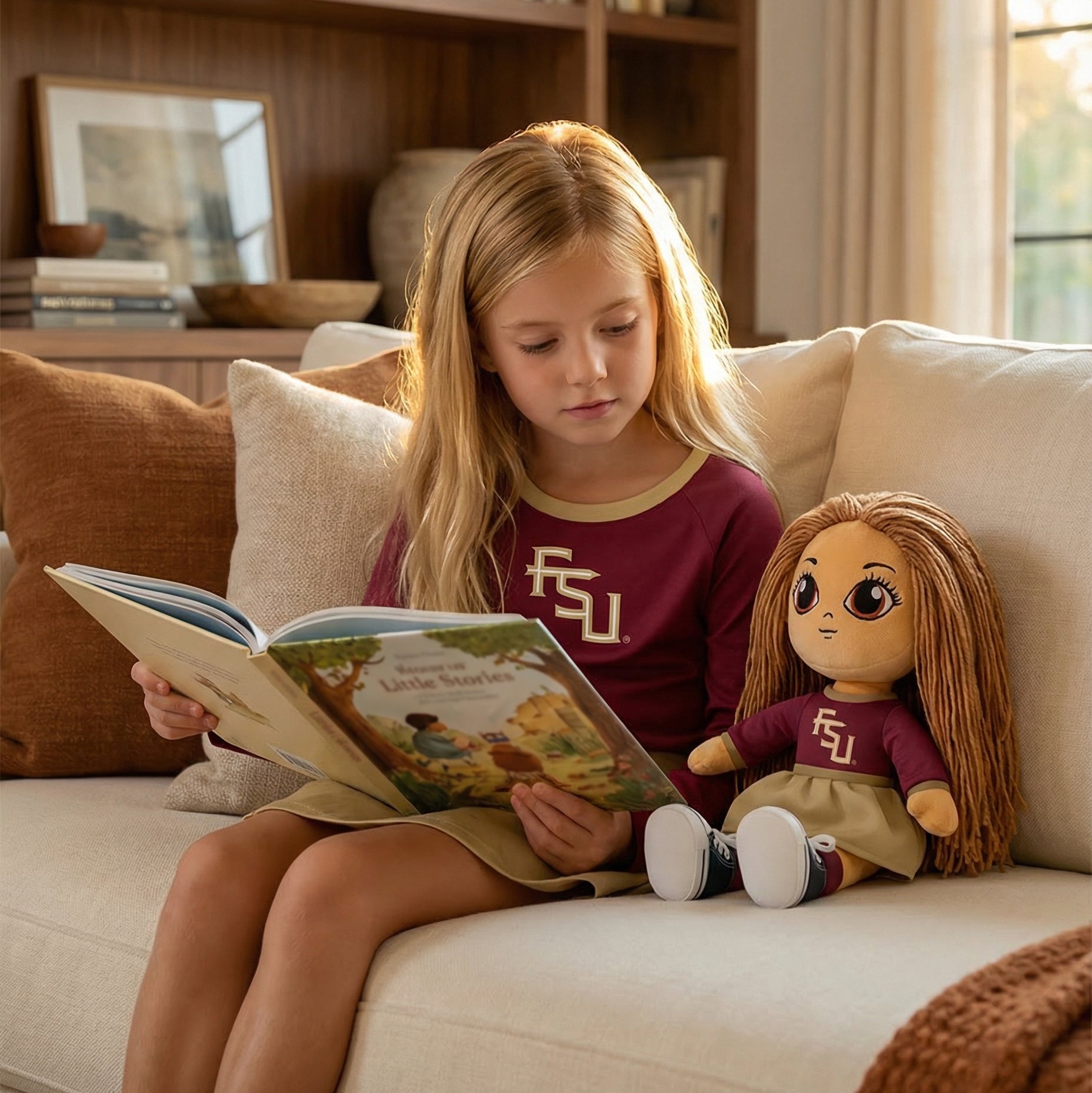 Young girl reading a book to a doll on a couch in a cozy living room.