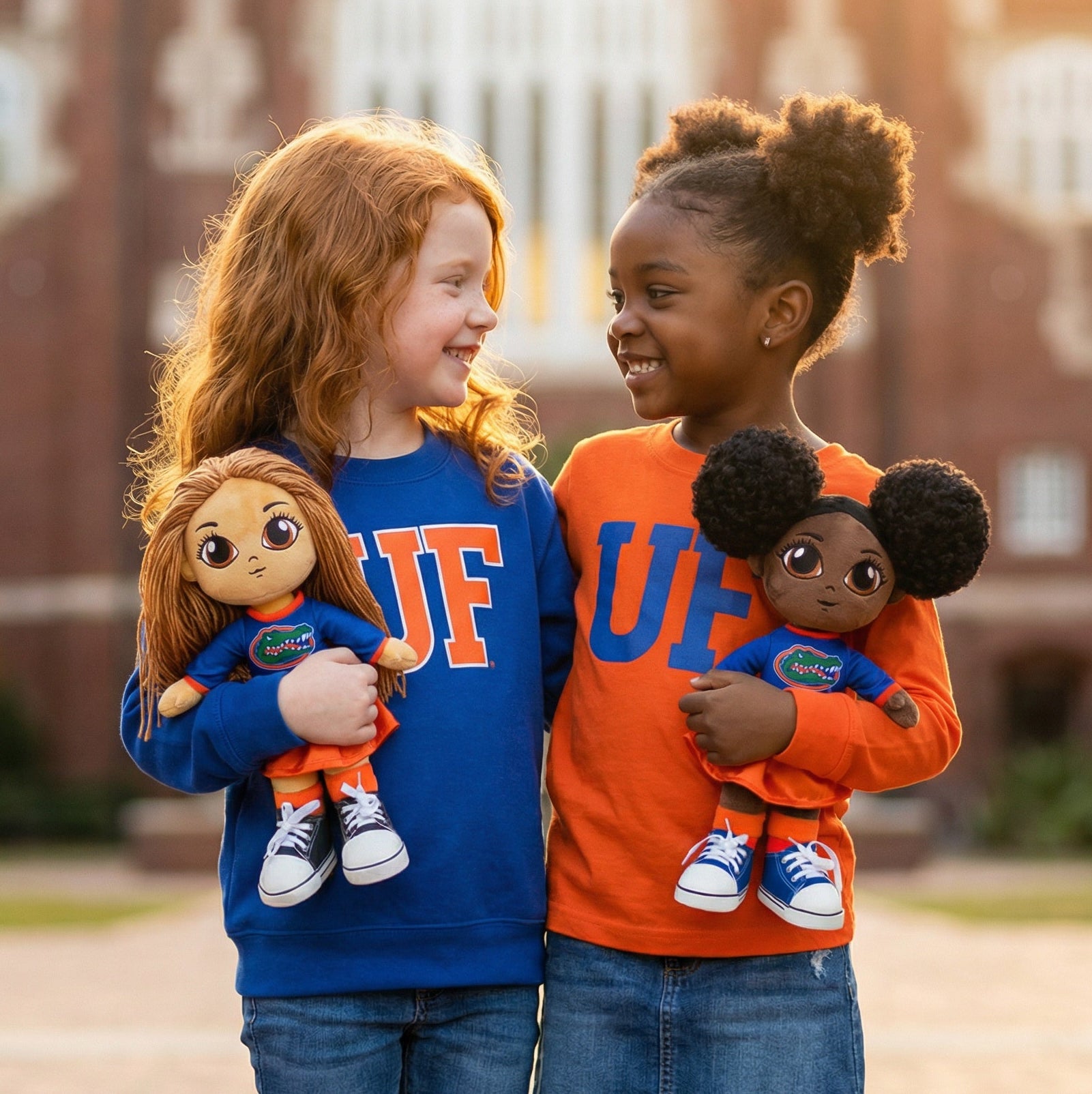 Two children holding dolls in front of a brick building