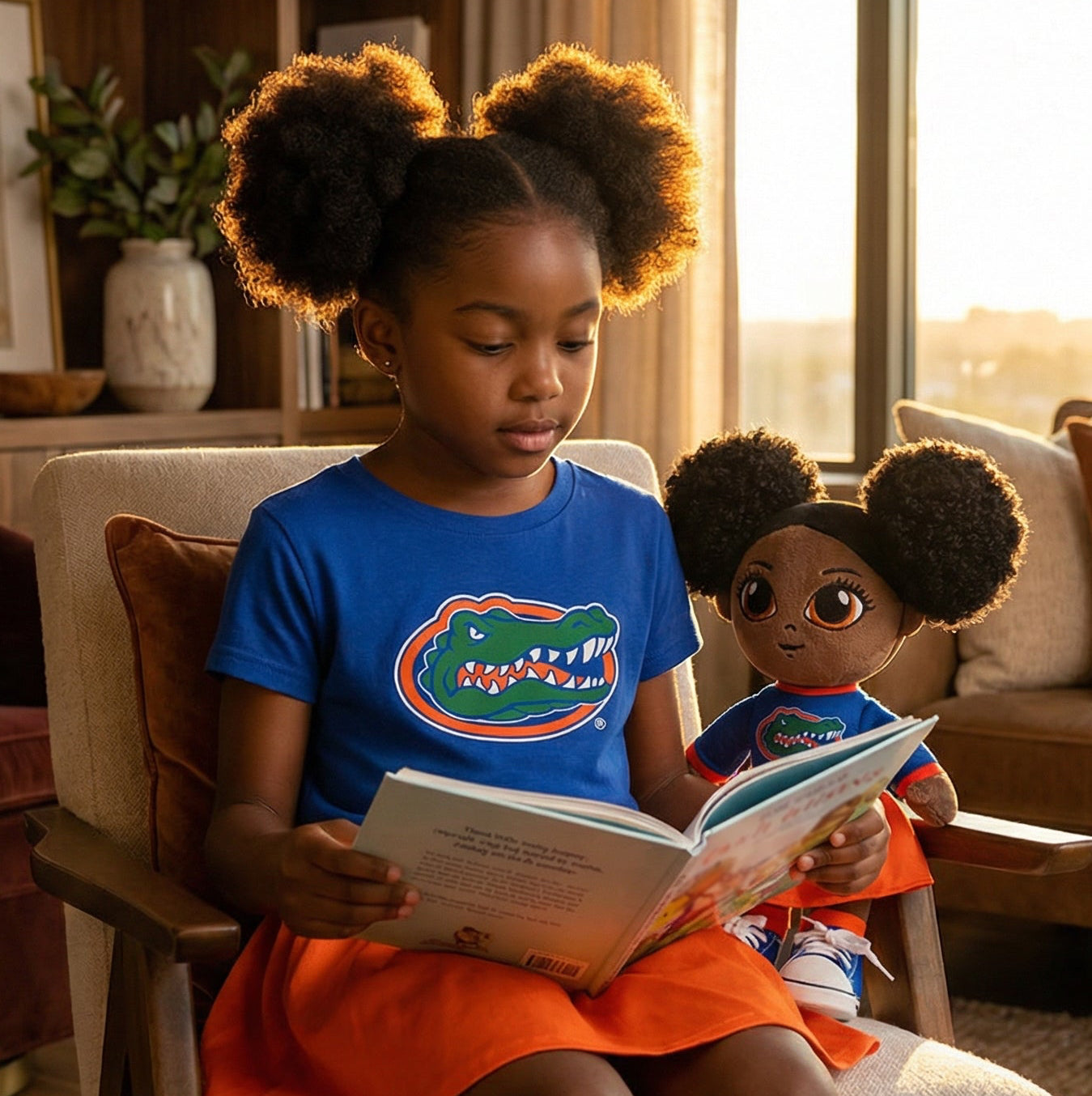Young girl reading a book to a doll in a cozy living room.