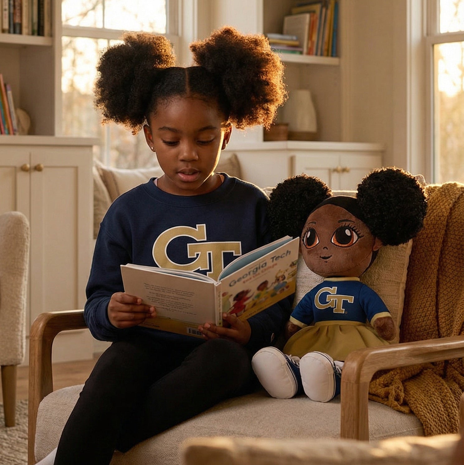 Young girl reading a book to a doll in a cozy living room.