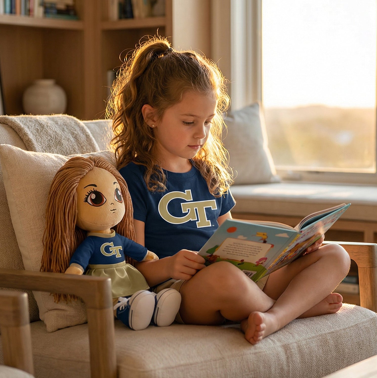 Young girl reading a book to a doll on a couch in a cozy living room.
