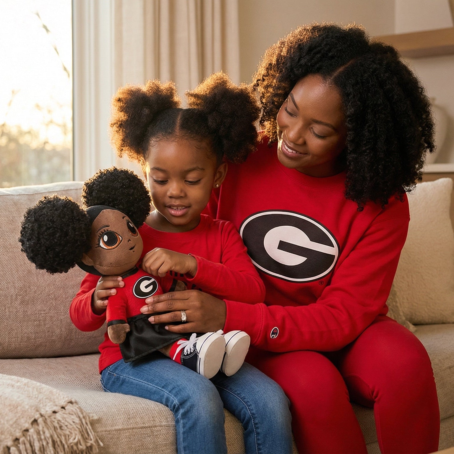 Woman and child sitting on a couch holding a plush toy together, with a window and home interior in the background.
