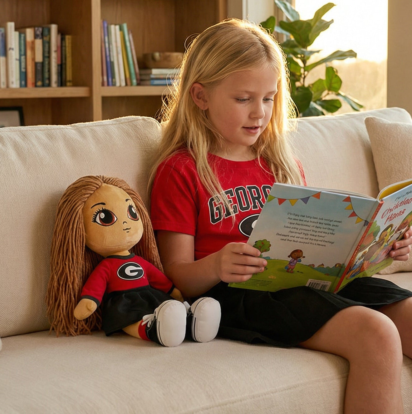 Young girl reading a book to a doll on a couch in a cozy living room.