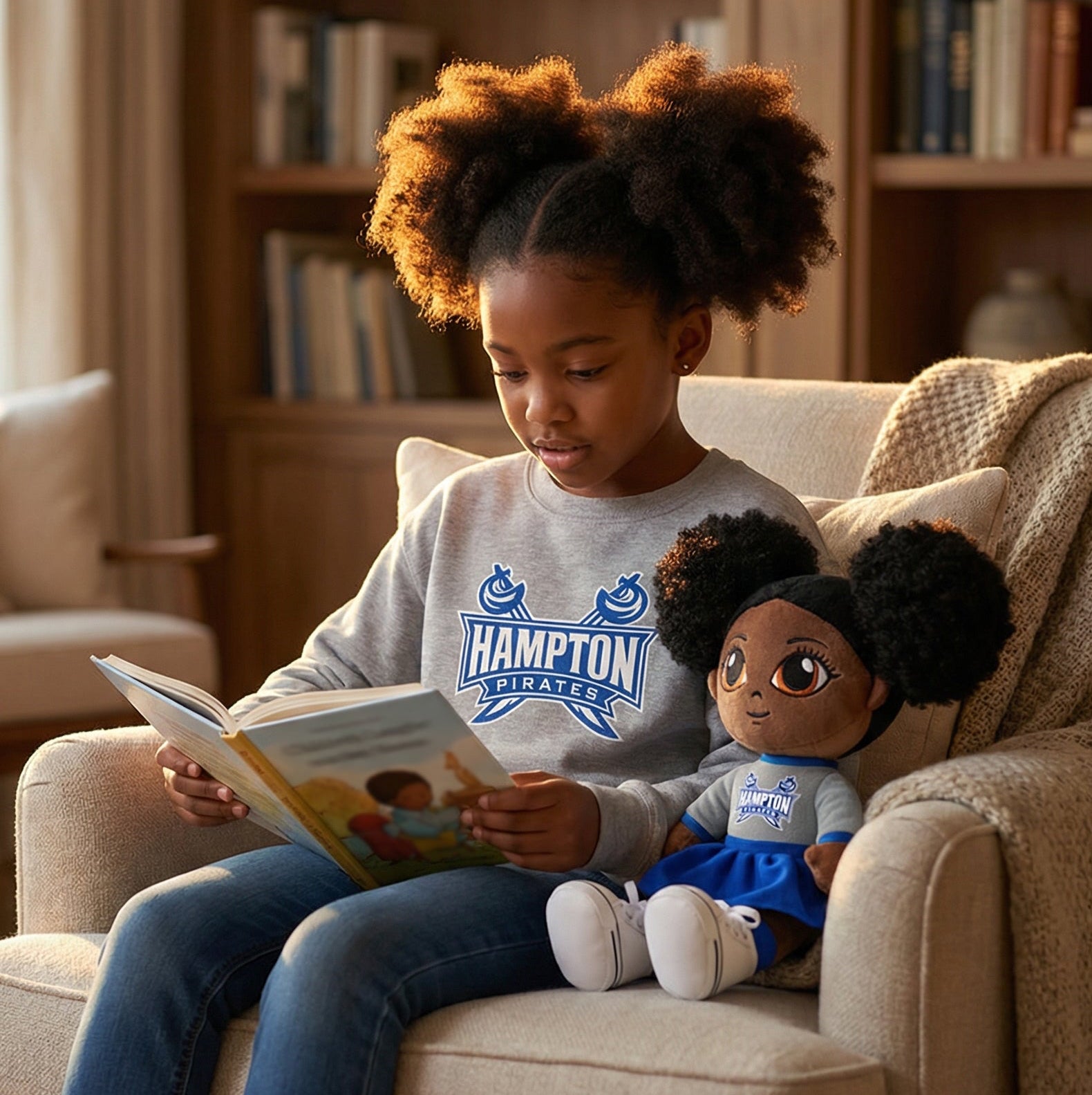Child reading a book to a doll on a couch in a cozy living room.