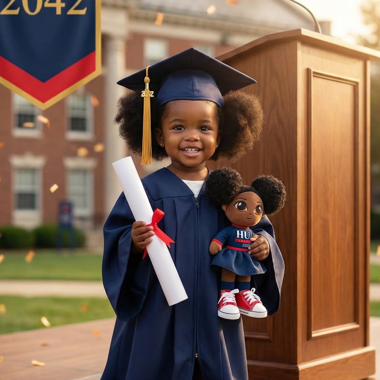 Child in graduation gown holding a doll with confetti and a 'Class of 2042' banner.