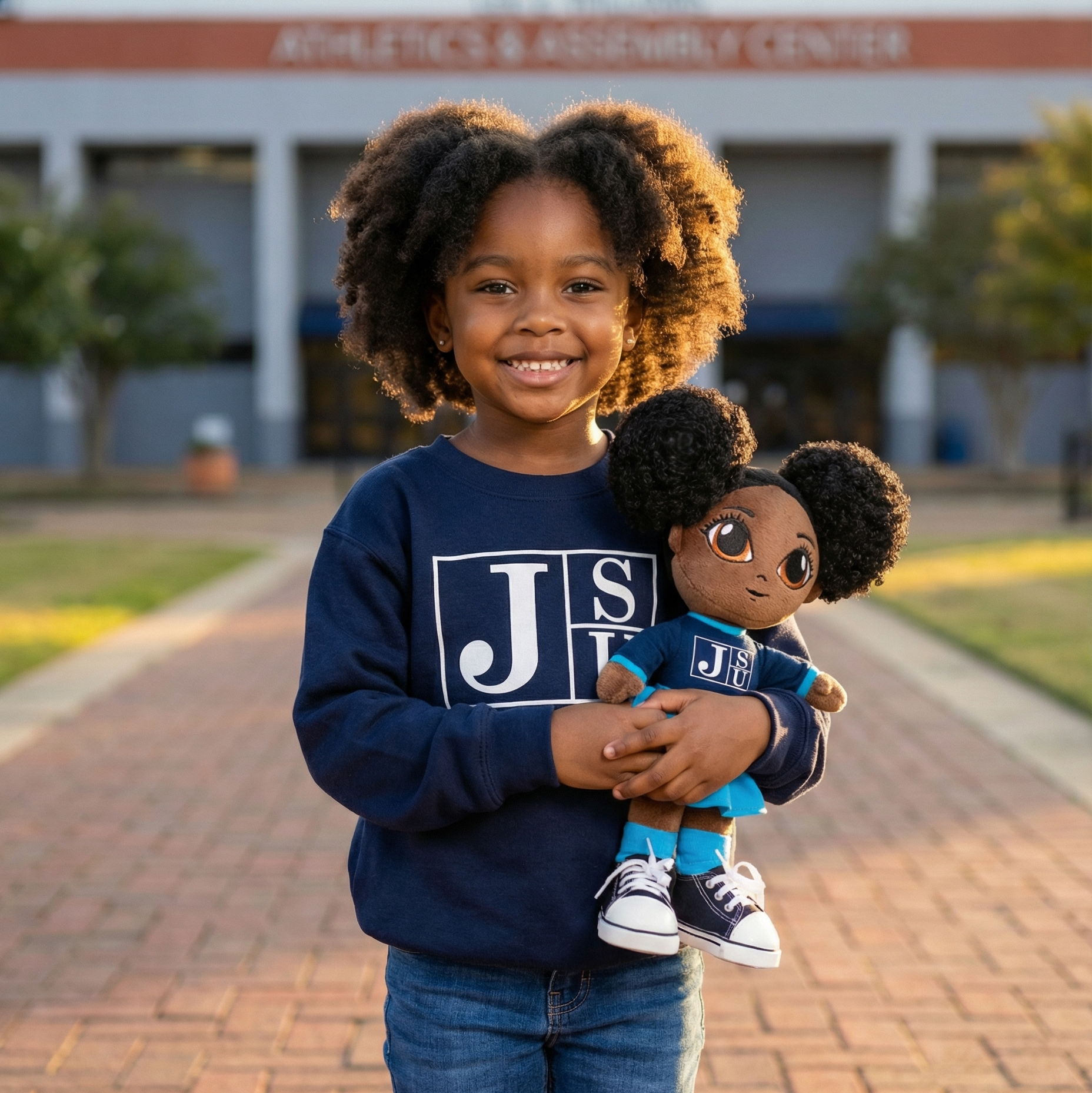 Child holding a doll wearing a navy blue sweatshirt with 'JS' on it, standing in front of an Athletics & Recreation Center.