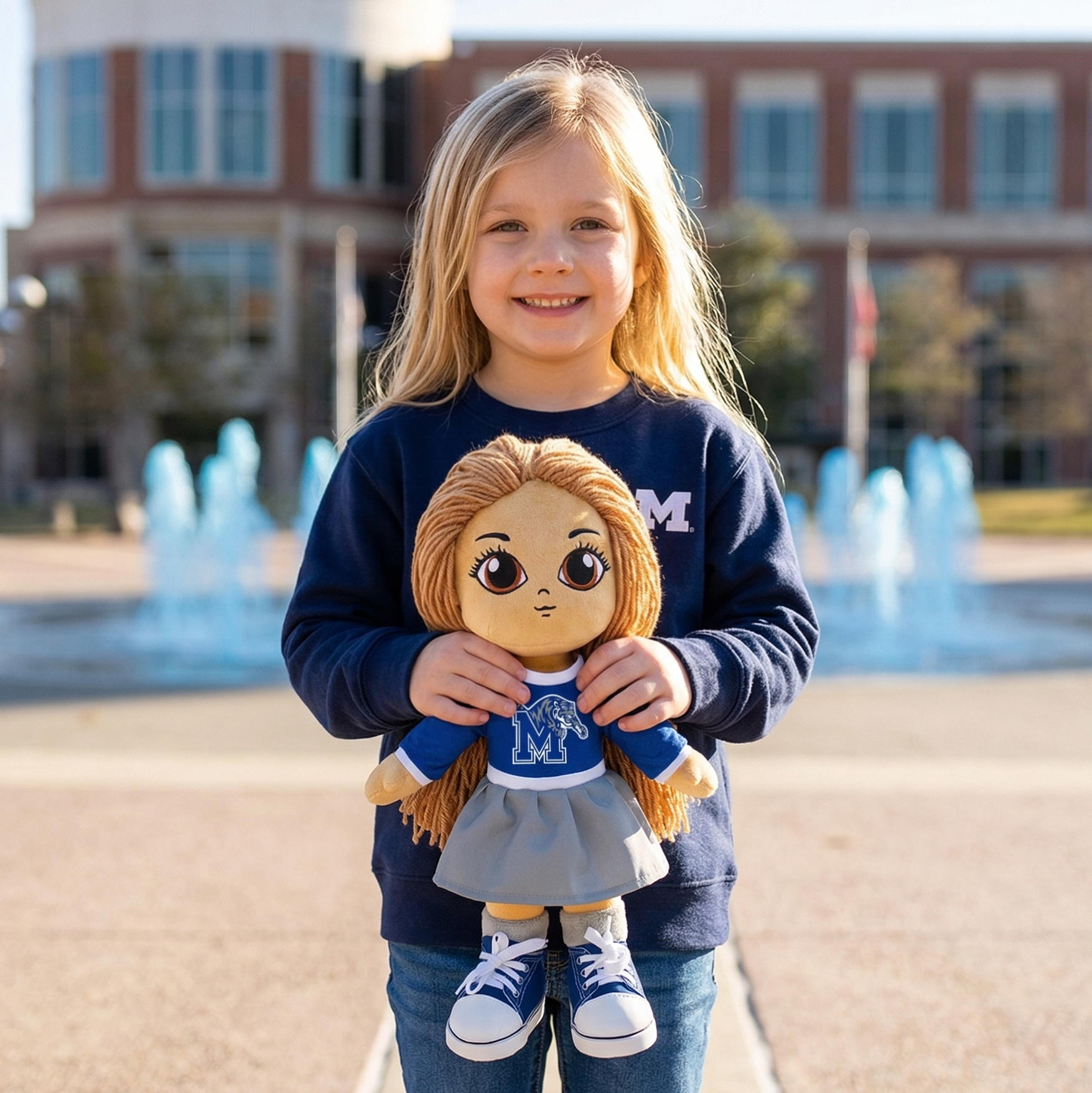 Child holding a plush toy in front of a building with fountains
