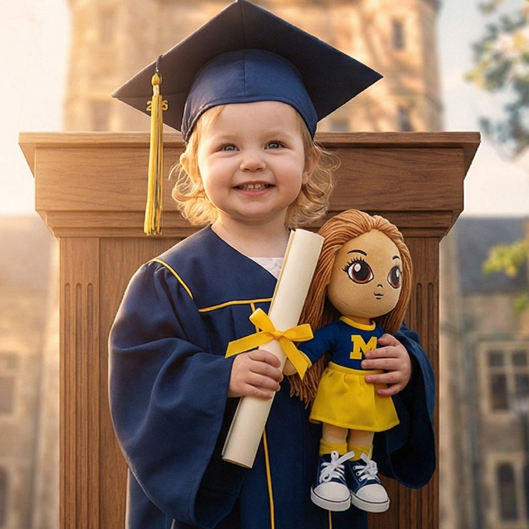 Child in graduation gown holding a doll with a 'Class of 2042' banner in the background.