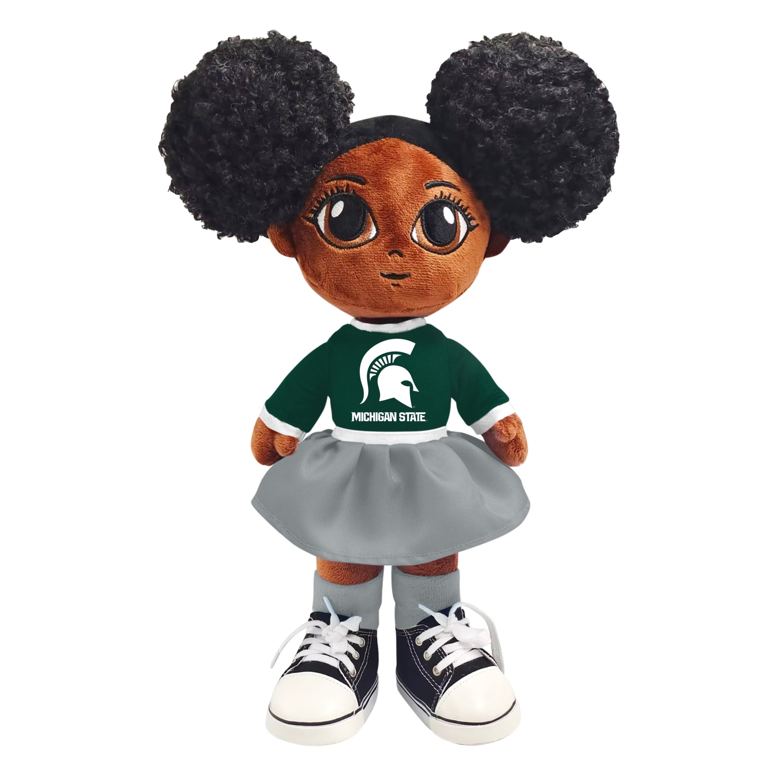 Plush doll with Michigan State University shirt and gray skirt on a white background