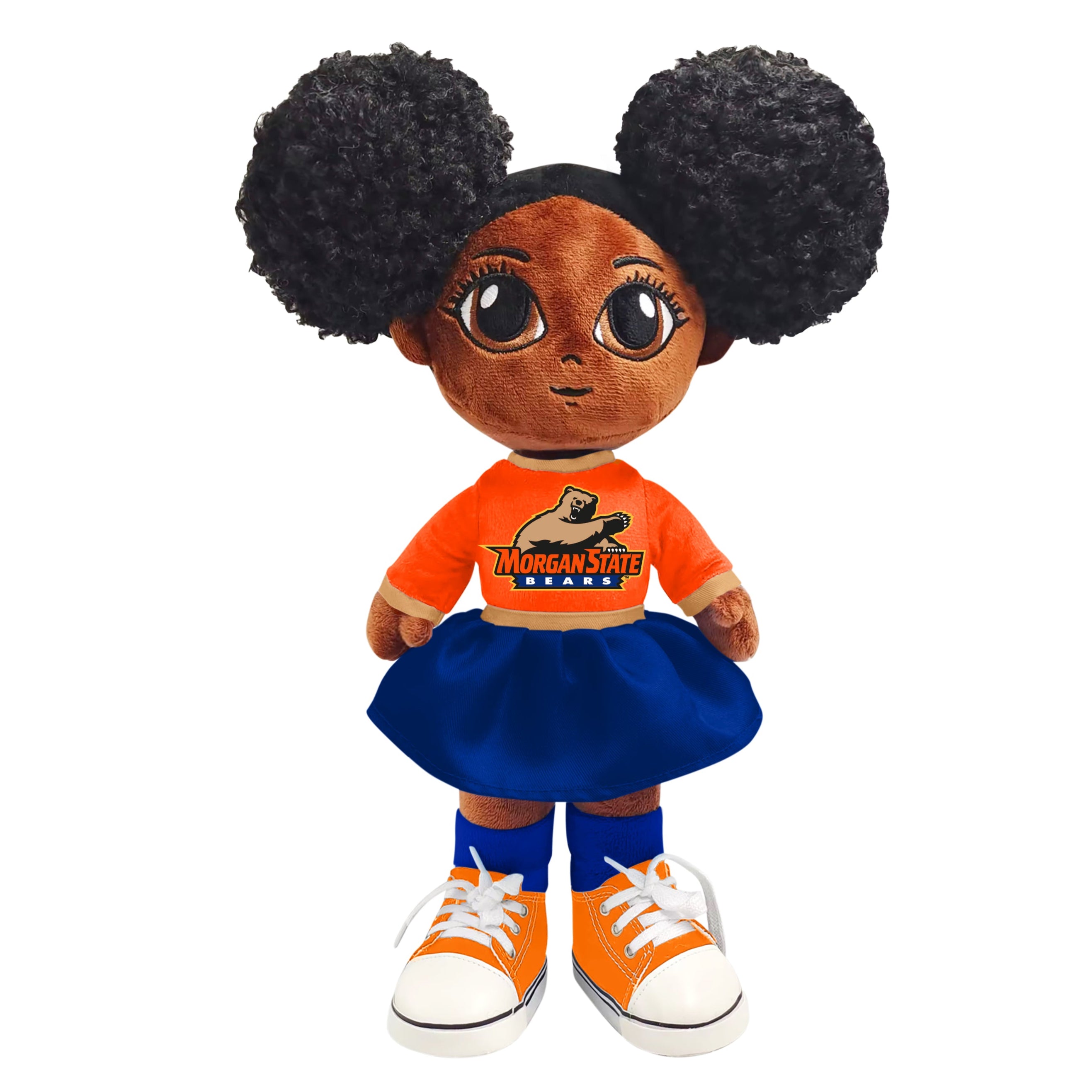 Plush toy with orange shirt and blue skirt on a white background