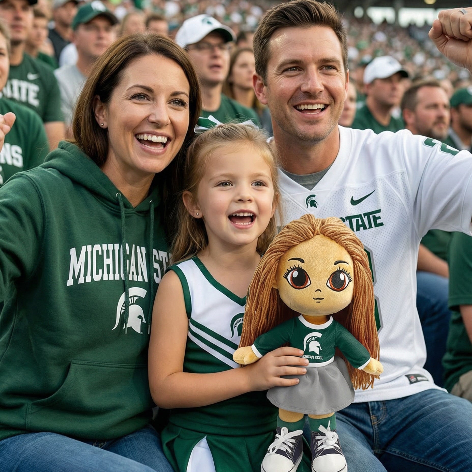 Family at a sports event holding a Michigan State-themed doll