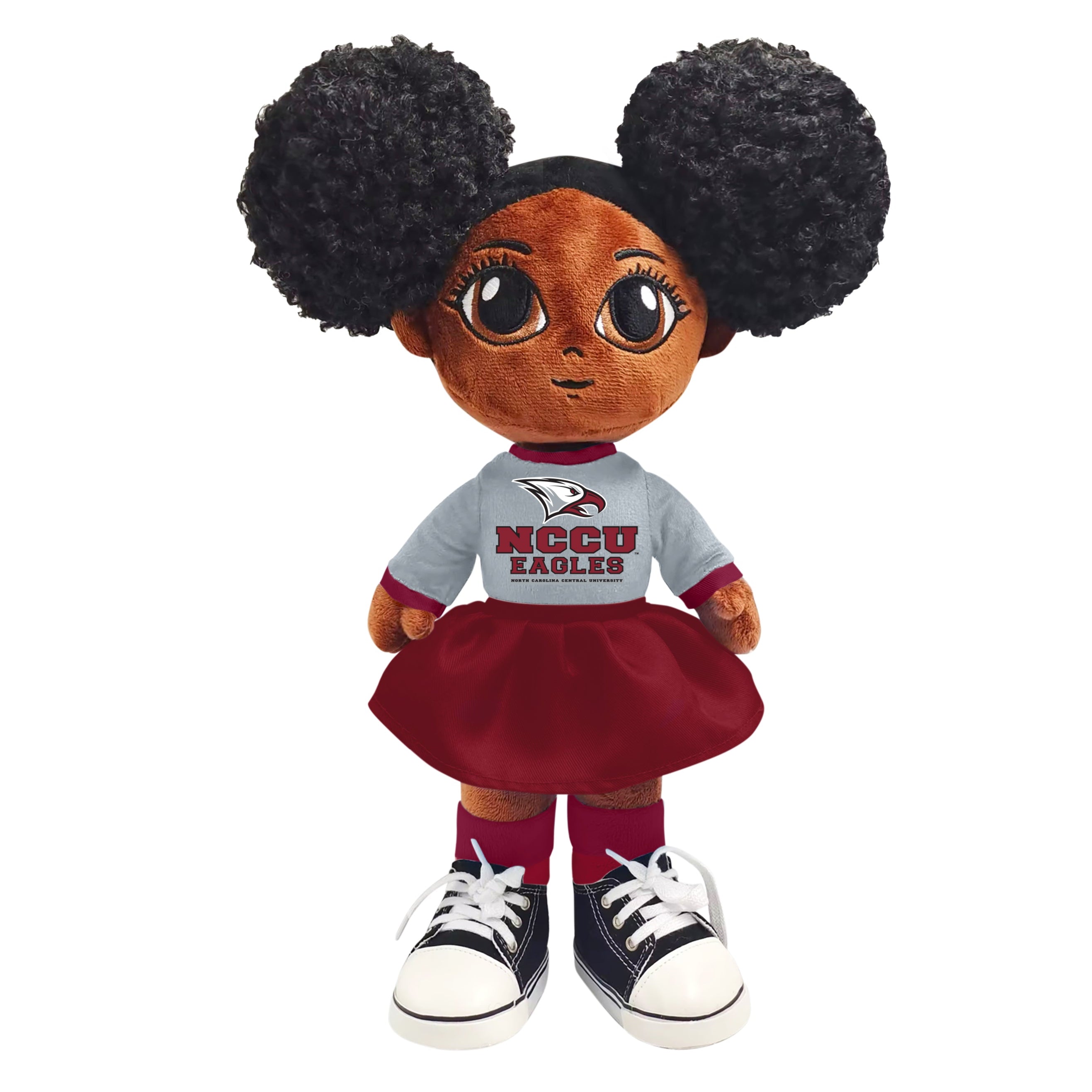 Plush doll with NCCU Eagles attire on a white background