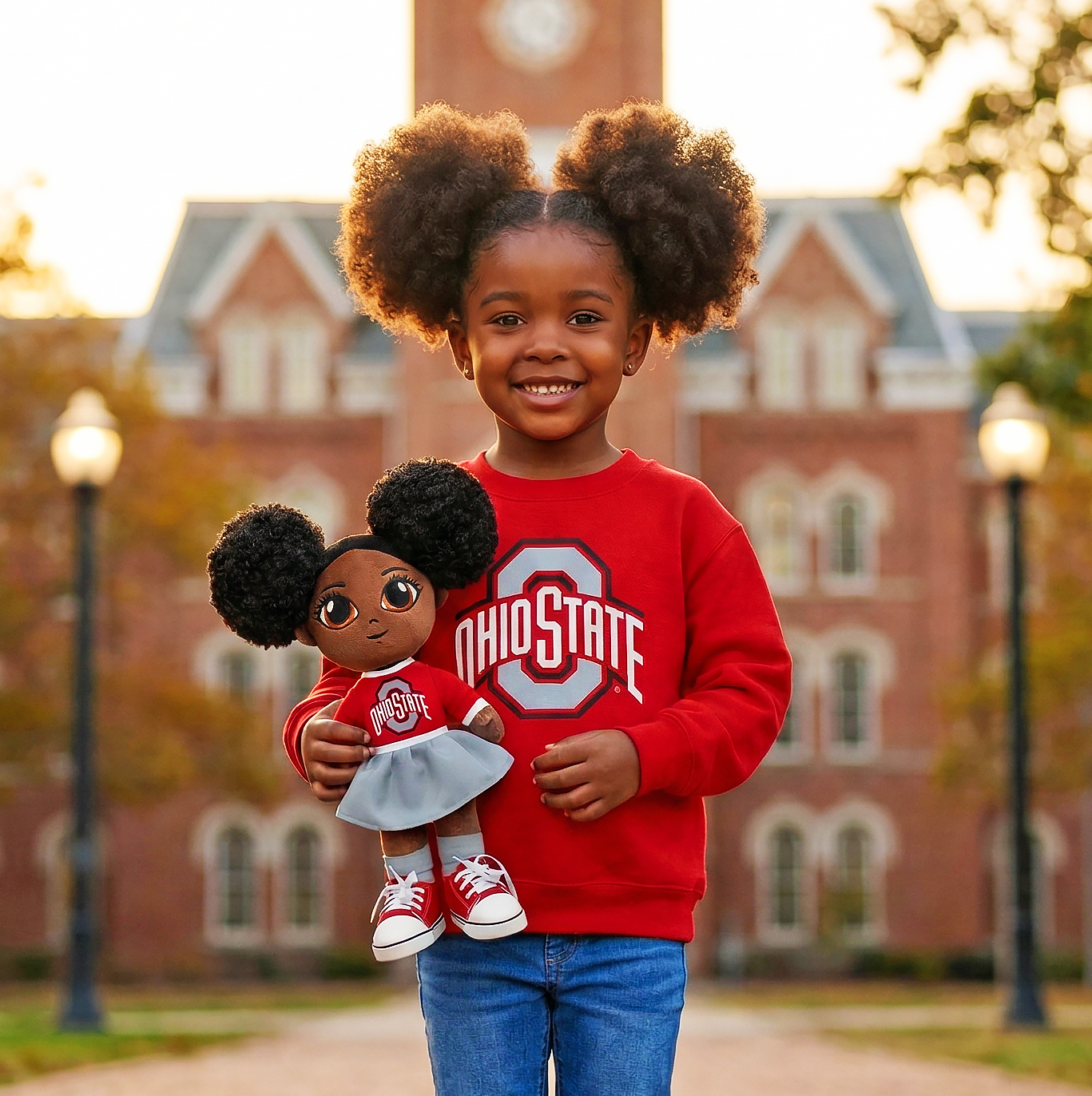 Child wearing an Ohio State sweater holding a doll, with a brick building in the background