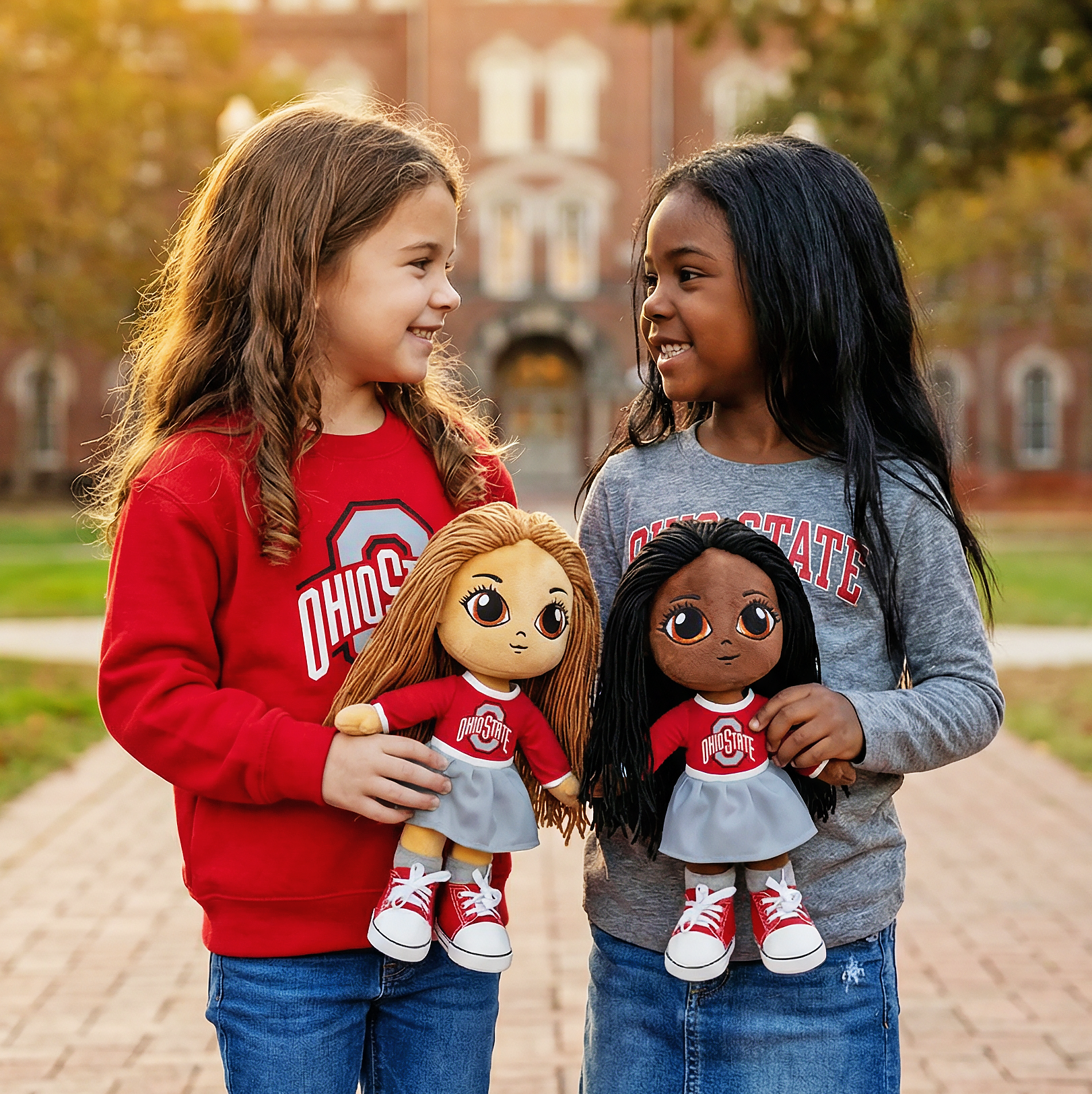Two young girls holding dolls with Ohio State outfits in front of a brick building.