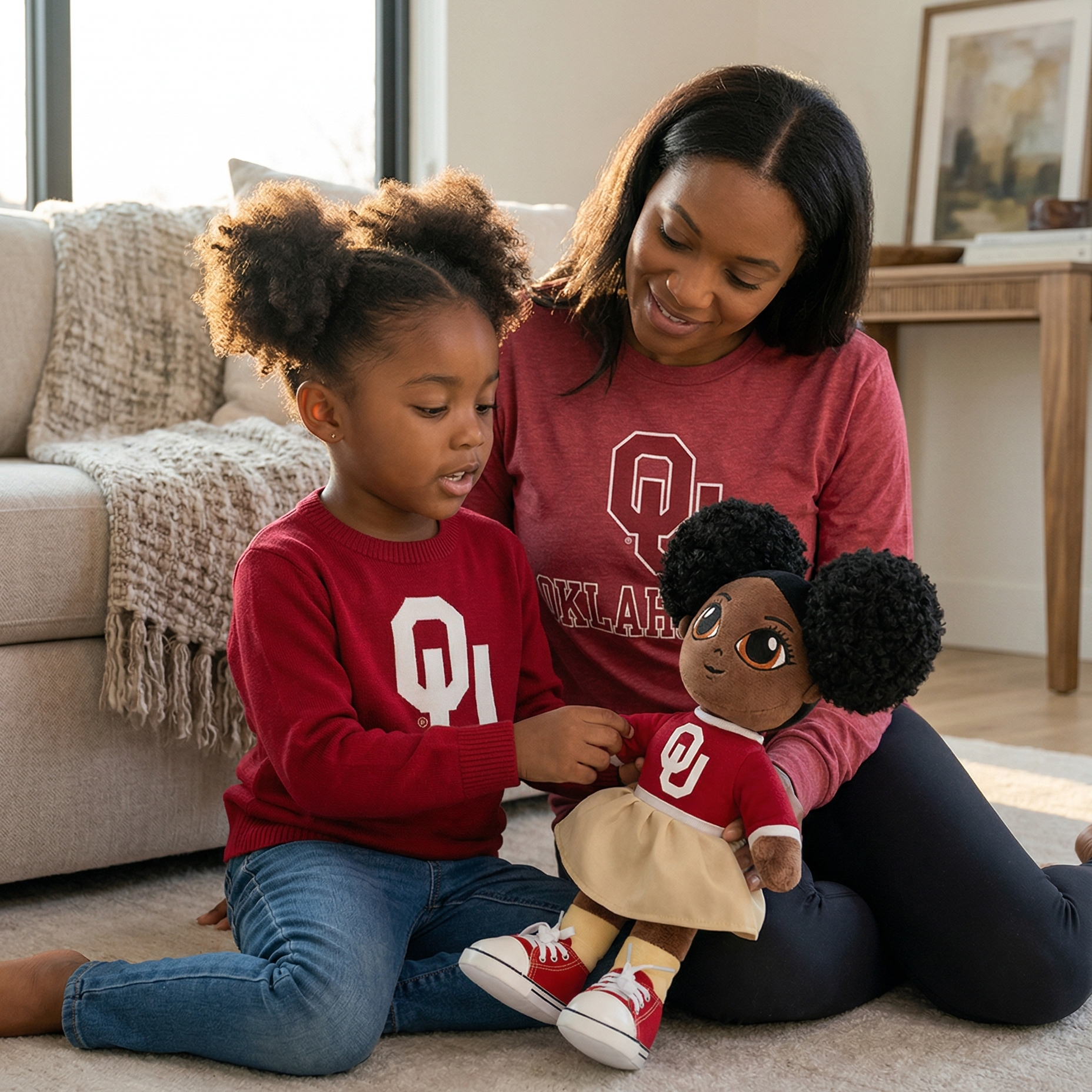 Woman and child sitting on a carpeted floor with a doll wearing a red outfit with a logo.