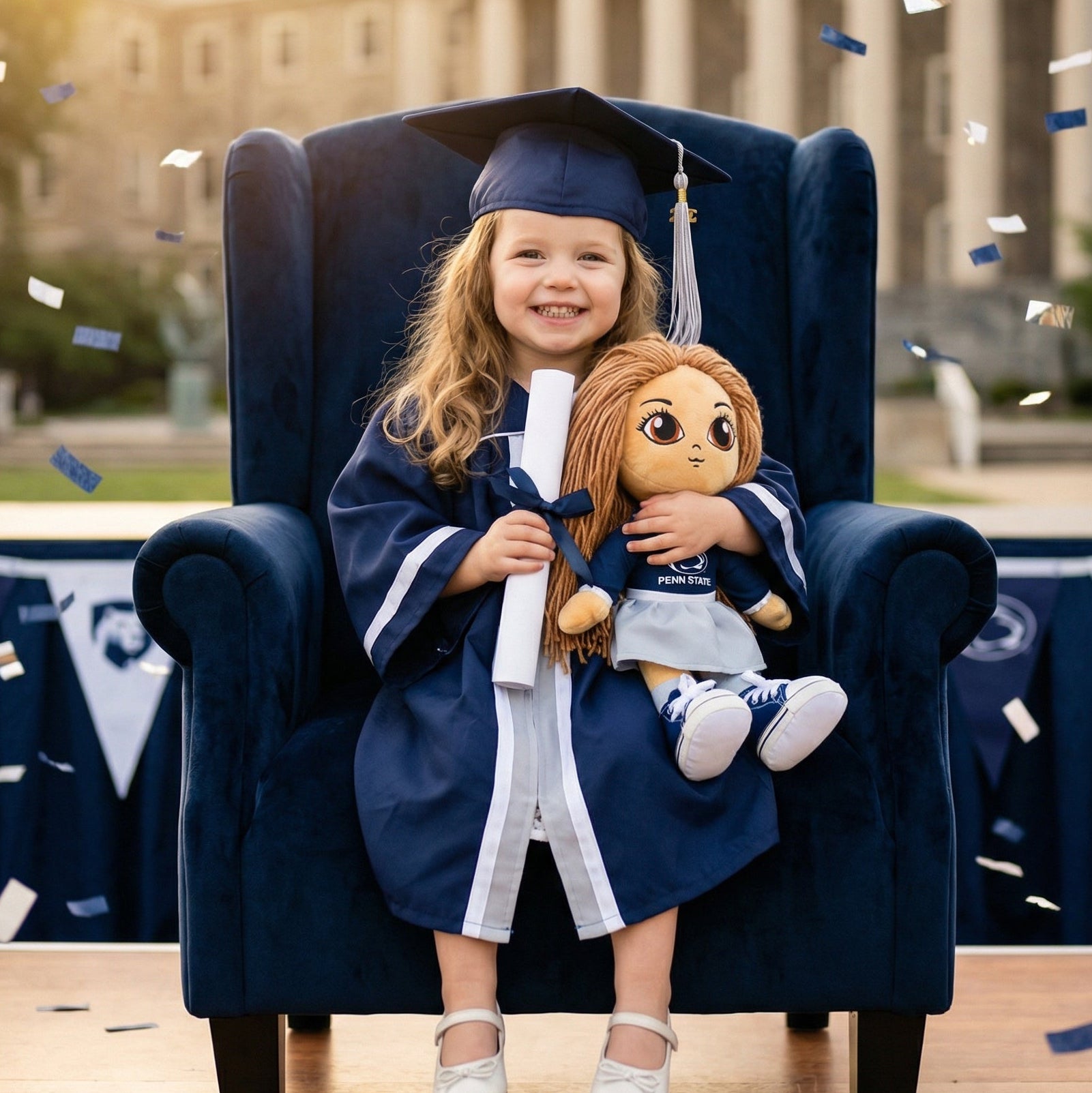 Child in graduation gown and cap holding a doll, sitting in a chair with confetti falling.
