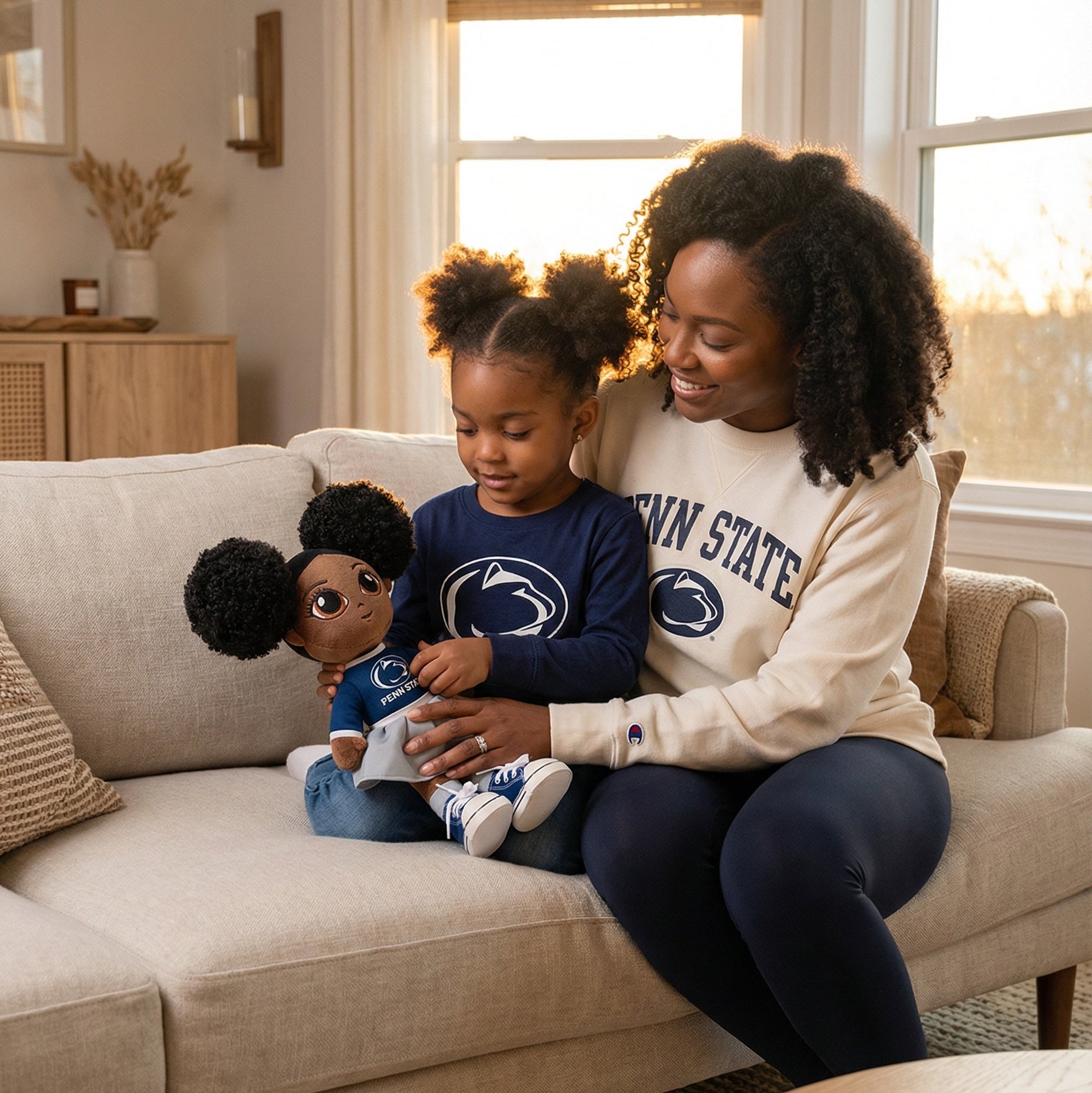 Woman and child sitting on a couch with a plush toy, in a home setting.