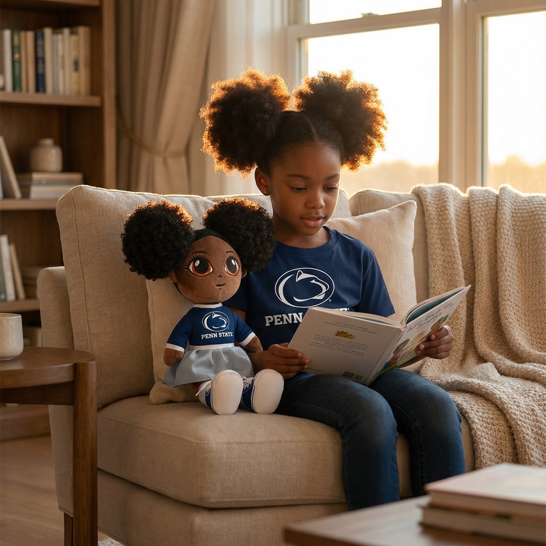 Child reading a book to a doll on a couch in a cozy living room.