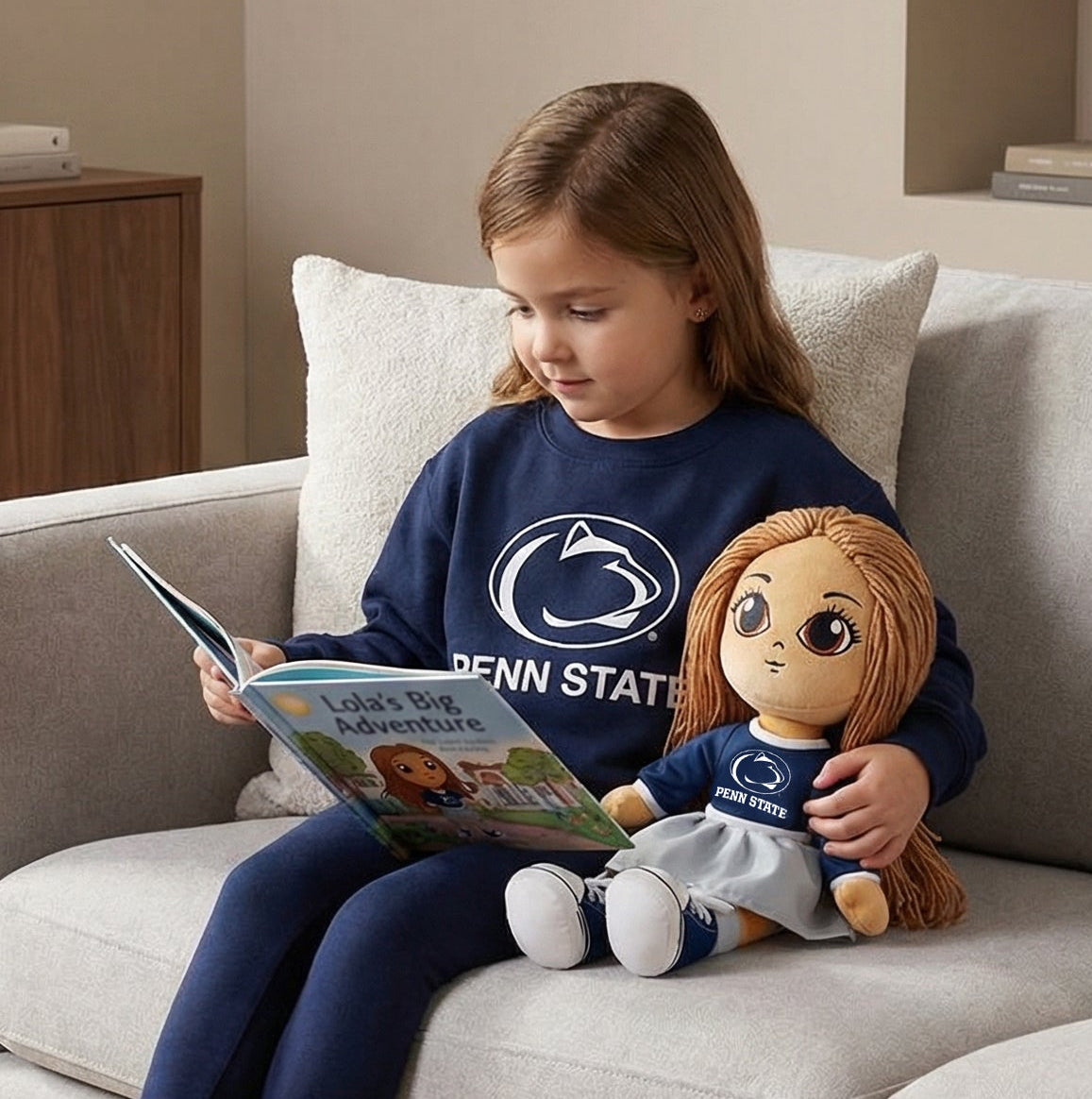 Young girl reading a book to a doll on a couch in a living room.