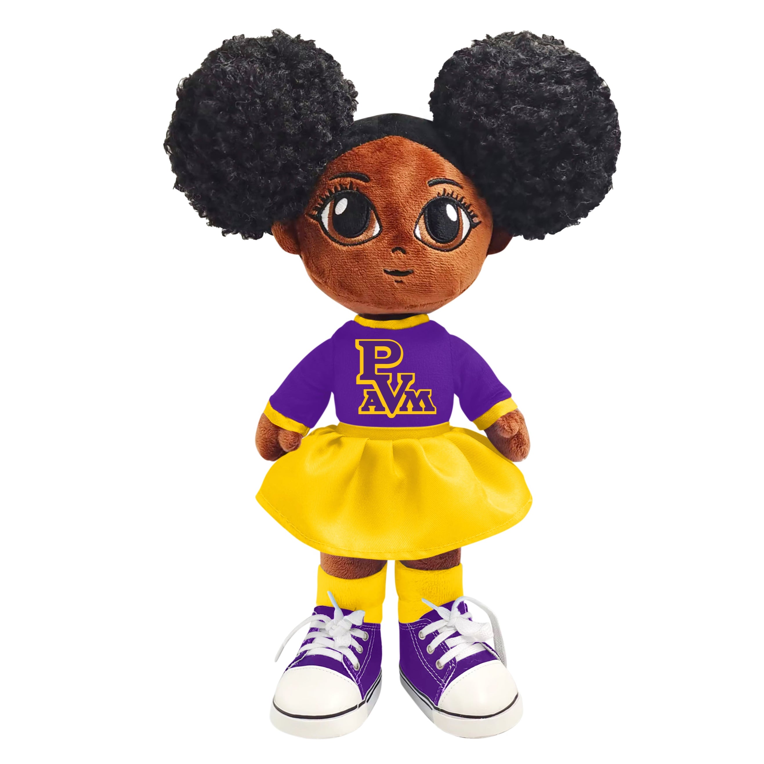 Toy doll with purple shirt and yellow skirt on a white background