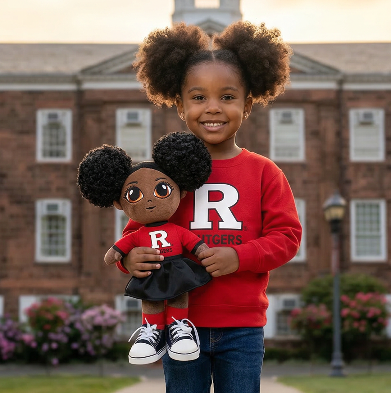 Child holding a doll with a Rutgers shirt in front of a brick building