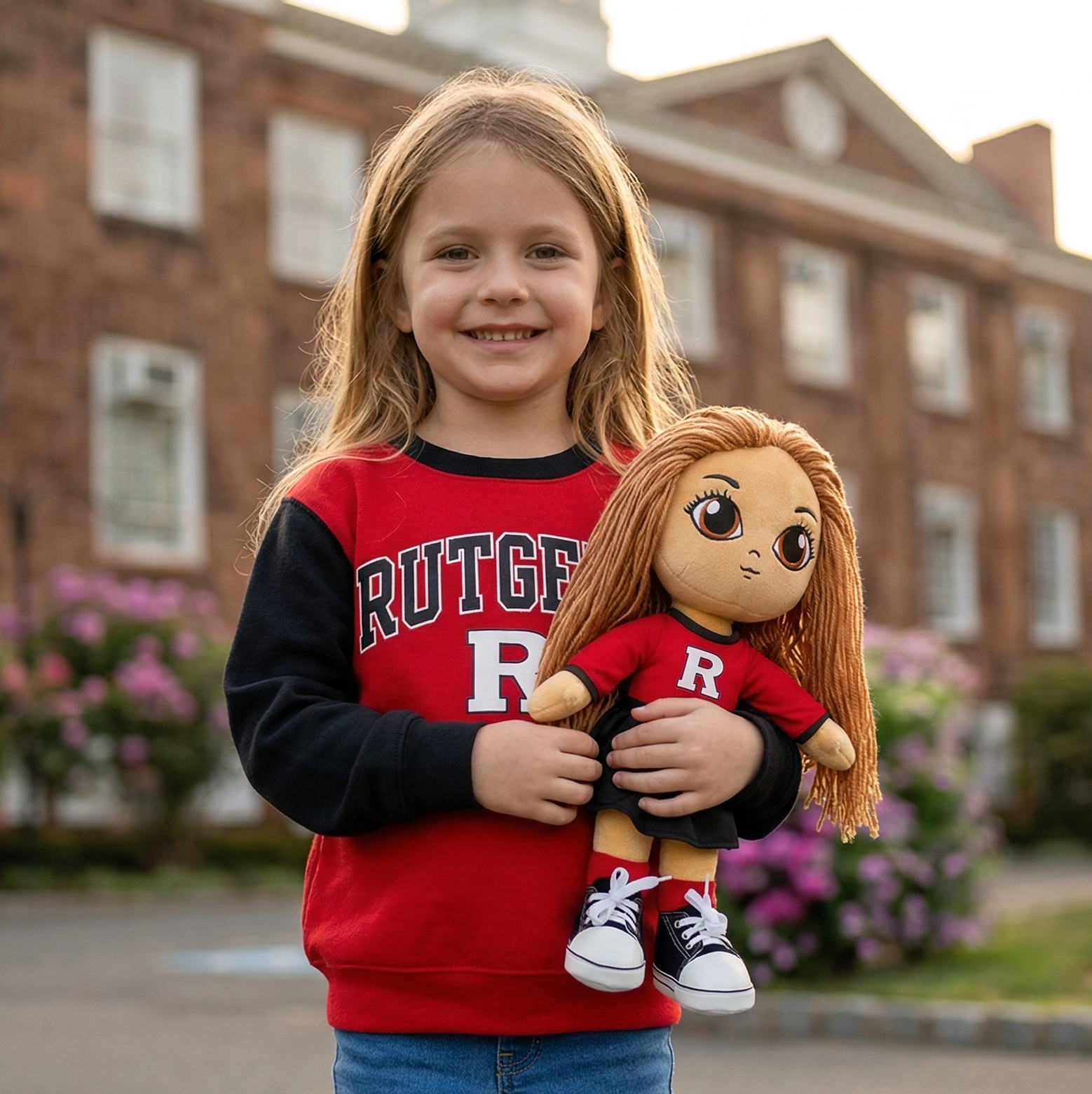 Child wearing a Rutgers sweatshirt holding a doll with a similar outfit in front of a brick building.