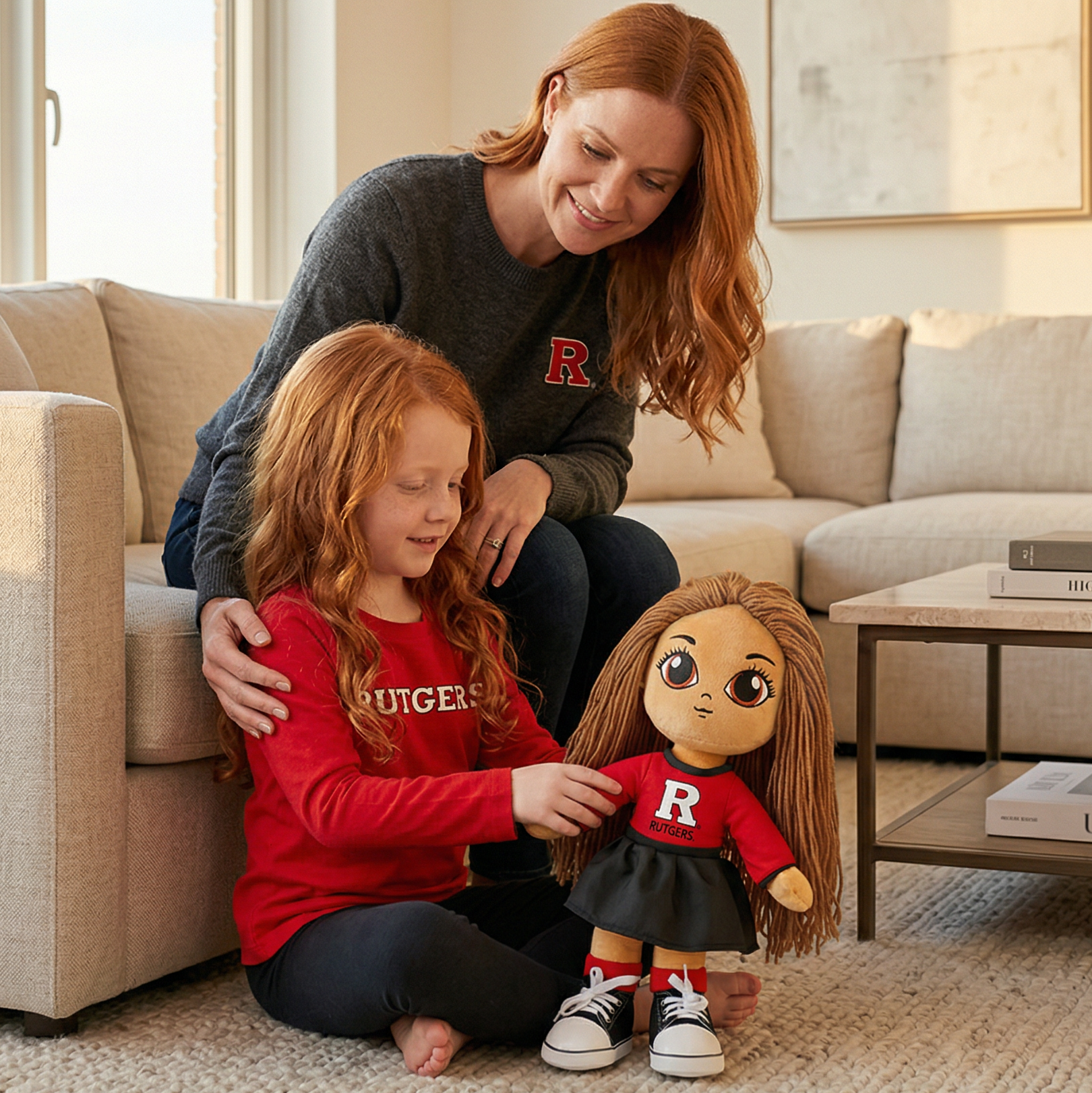 Woman and child playing with a doll in a living room