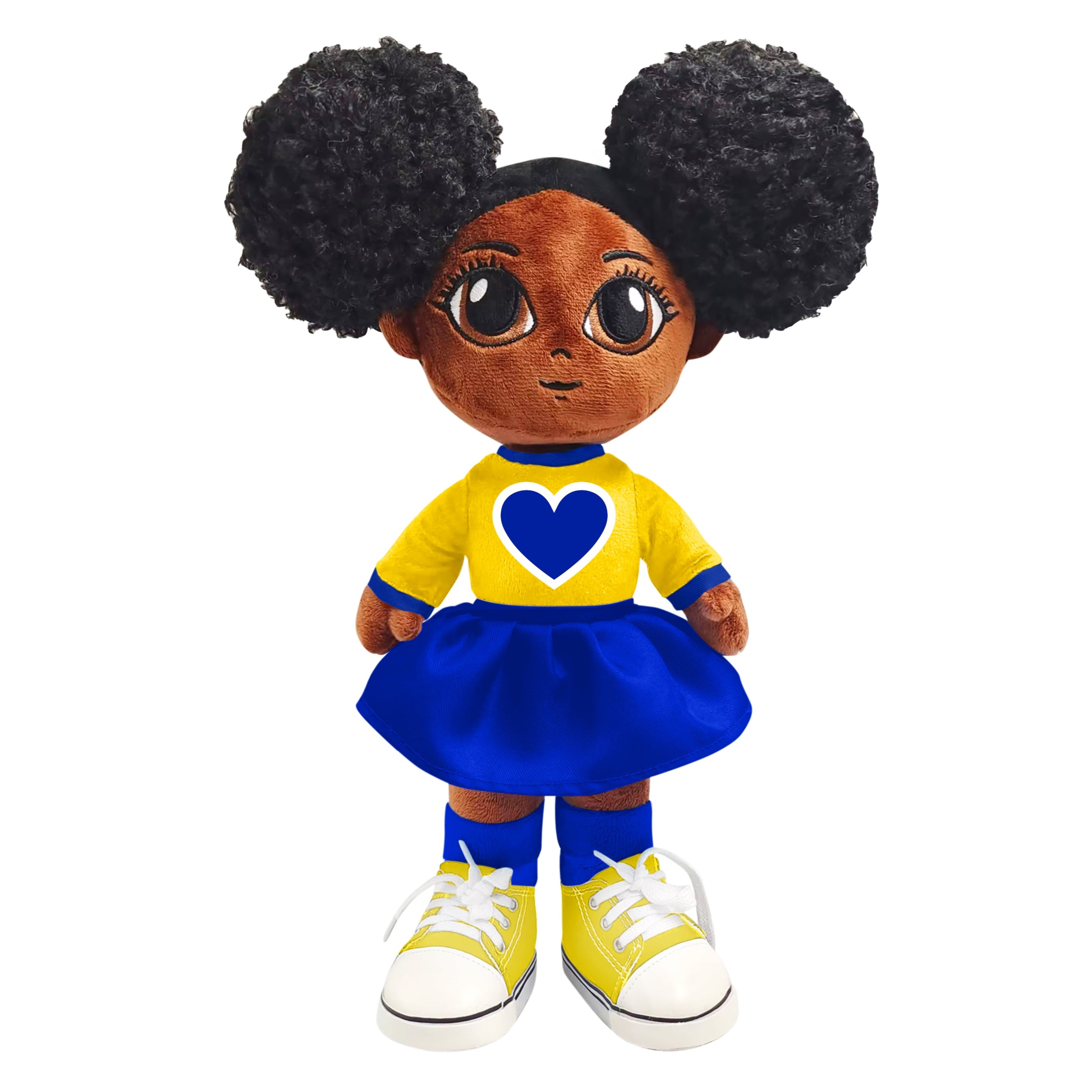 Plush toy with black hair styled in buns, wearing a yellow shirt with a blue heart, blue skirt, and yellow shoes on a white background.