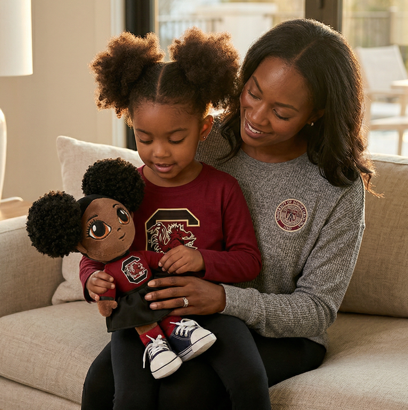 Woman and child sitting on a couch holding a doll in a living room.