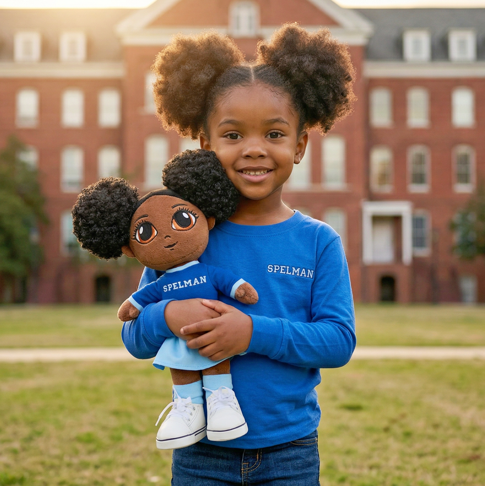 Young girl holding a doll with a Spelman College shirt in front of a brick building.