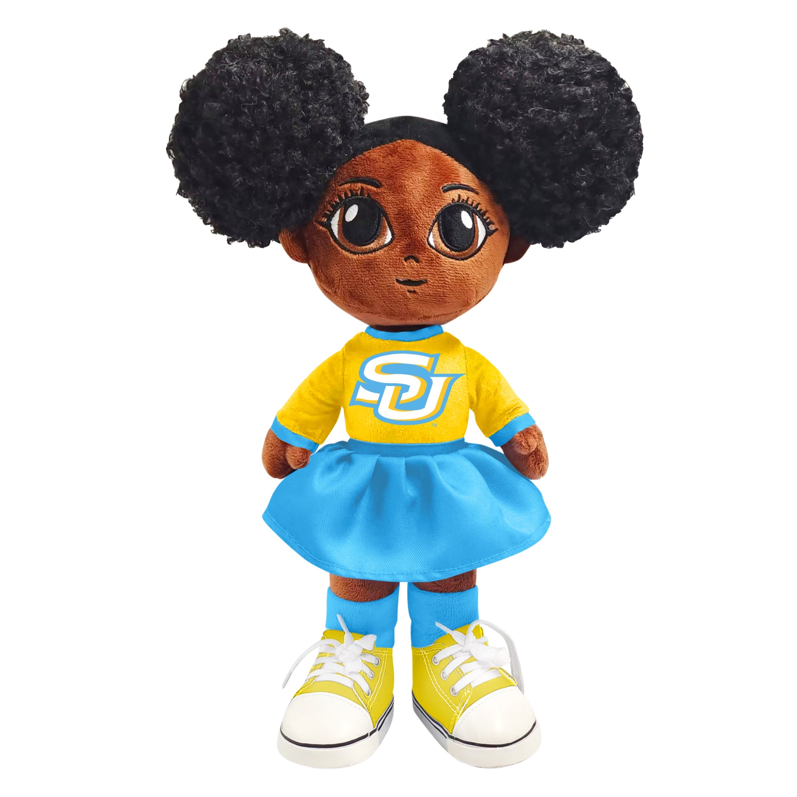 Toy doll with yellow shirt, blue skirt, and black hair buns on a white background