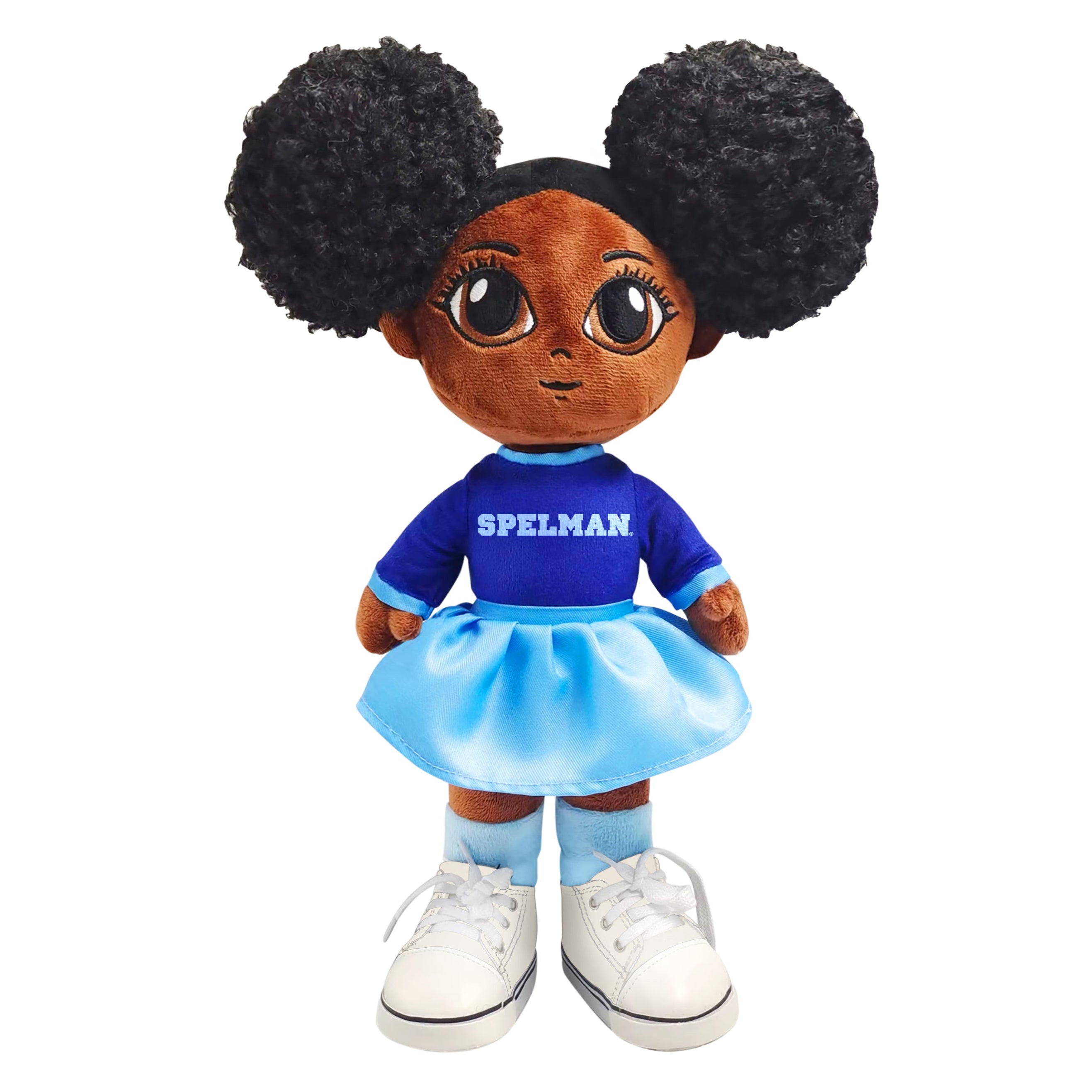 Plush toy doll with 'Spelman' shirt and blue skirt on a white background