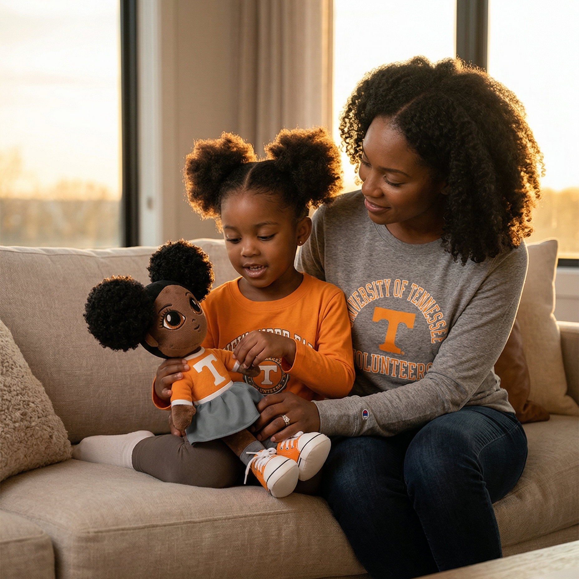 Woman and child sitting on a couch with a doll, both wearing Tennessee Volunteers clothing.