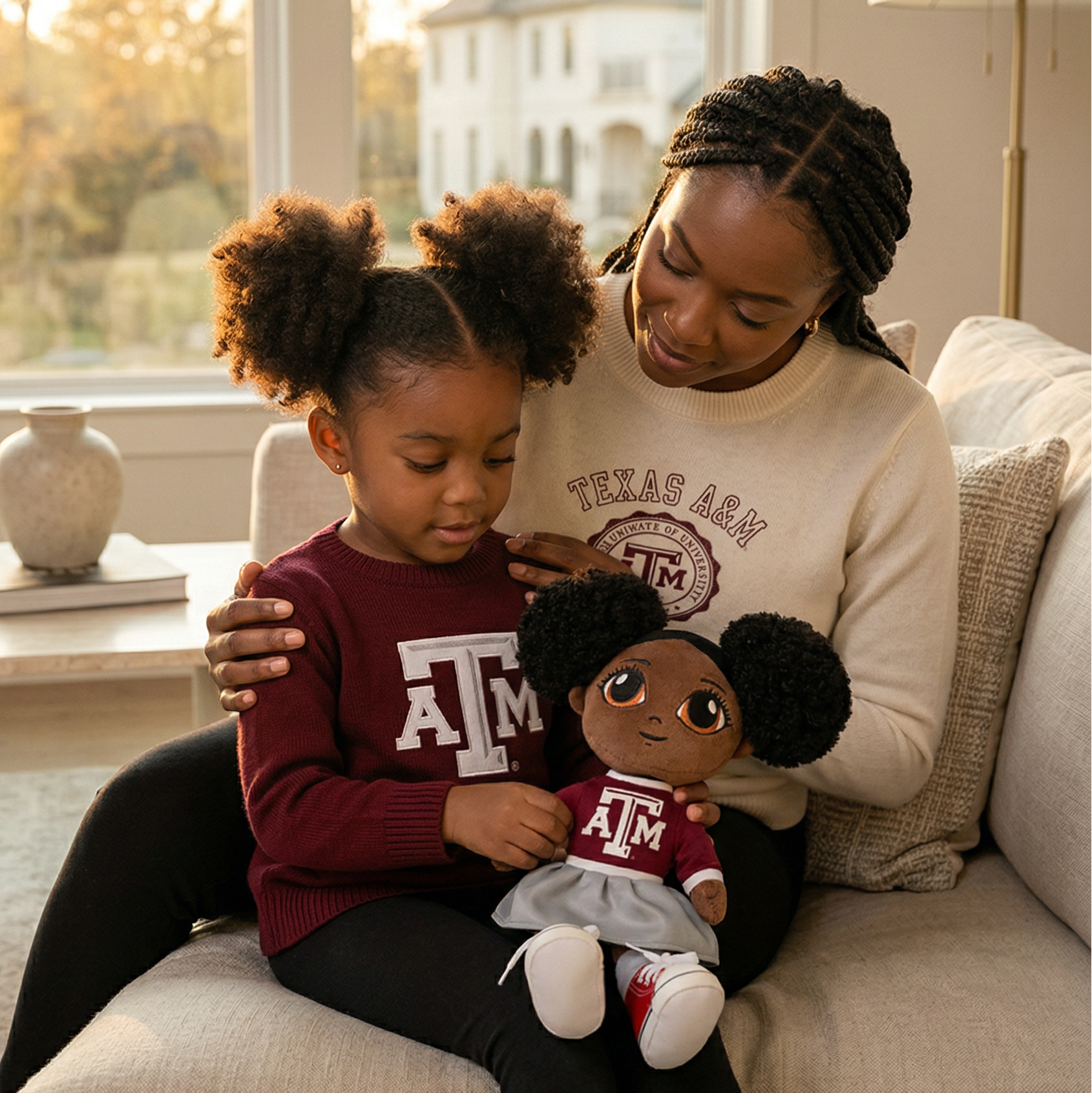 Woman and child sitting on a couch with a Texas A&M doll, in a home setting.