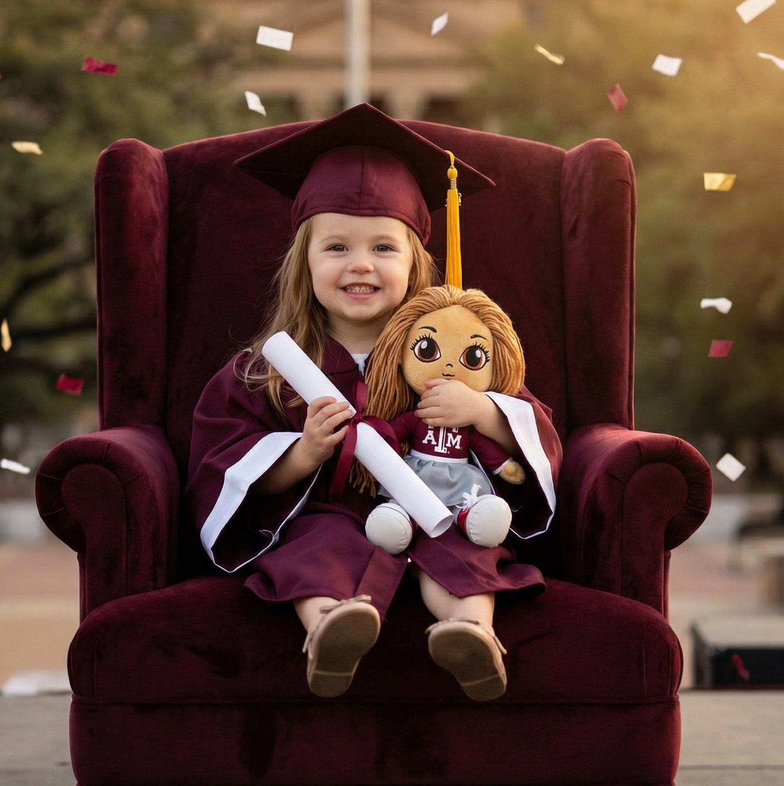 Child in graduation gown and cap sitting on a red chair with a stuffed toy, confetti falling around.