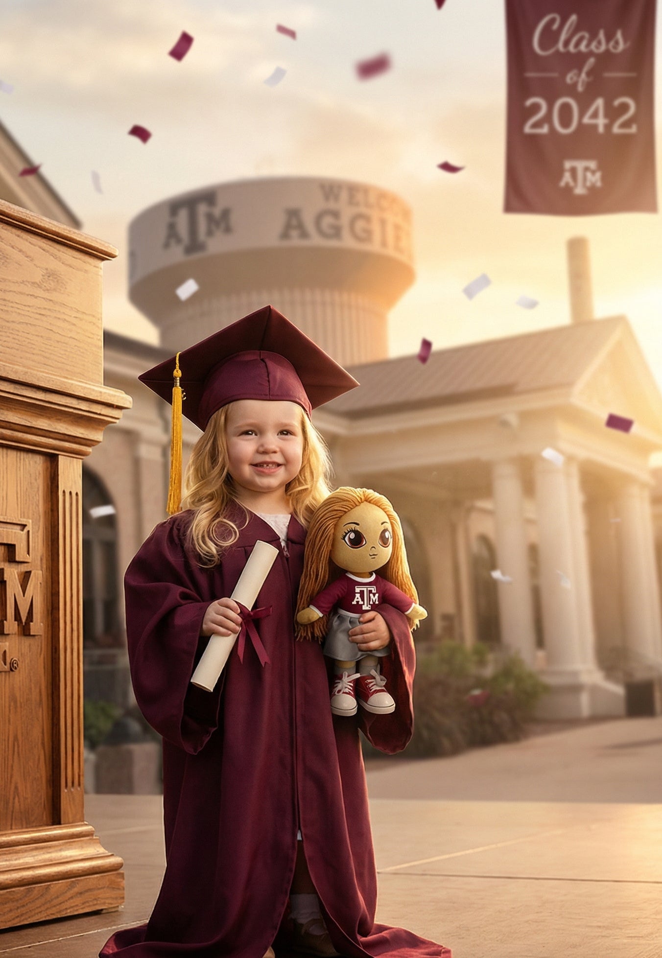 Graduate in maroon gown and cap holding a doll with a water tower and 'Class of 2042' sign in the background.