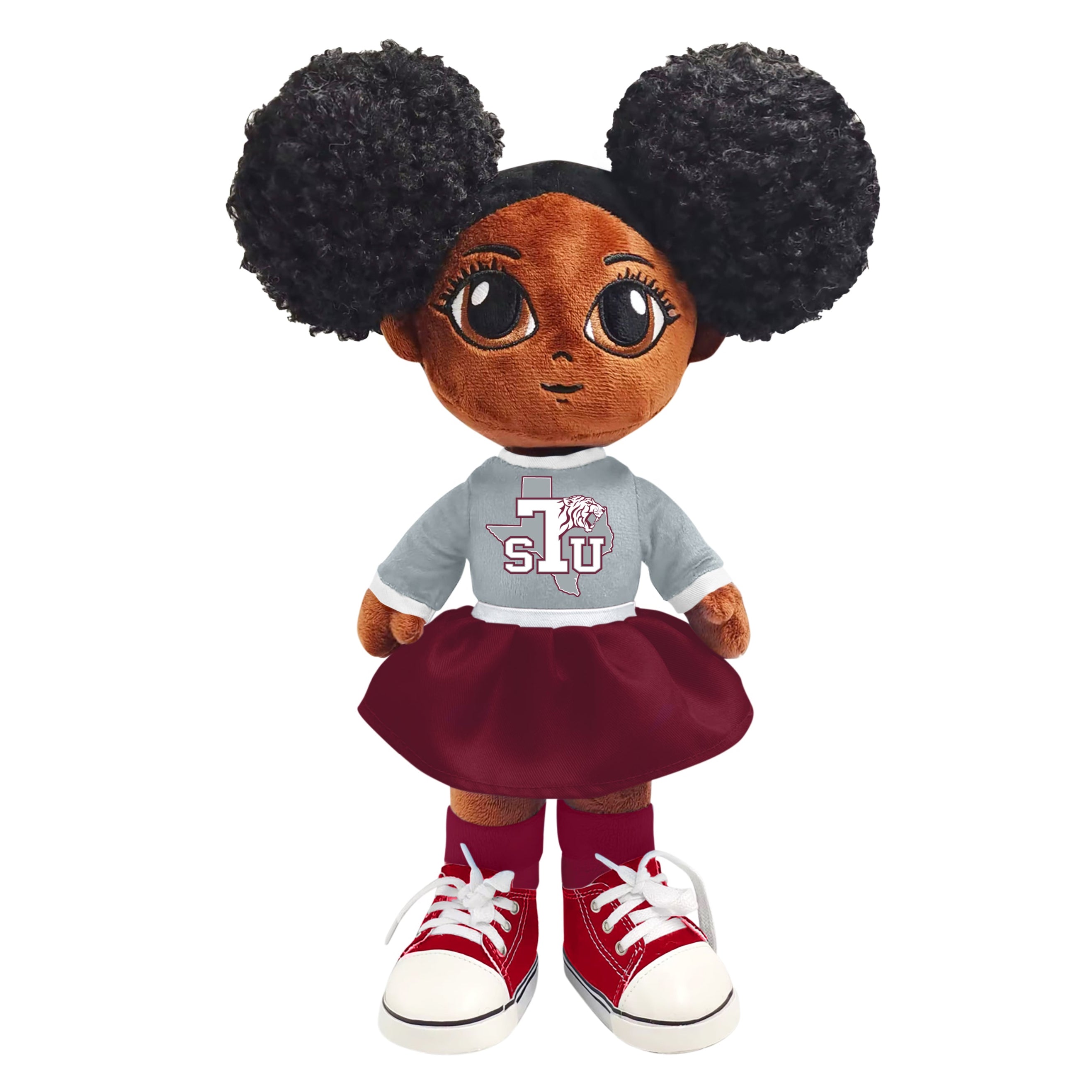 Plush doll with black hair styled in buns, wearing a gray shirt with 'S.T.
