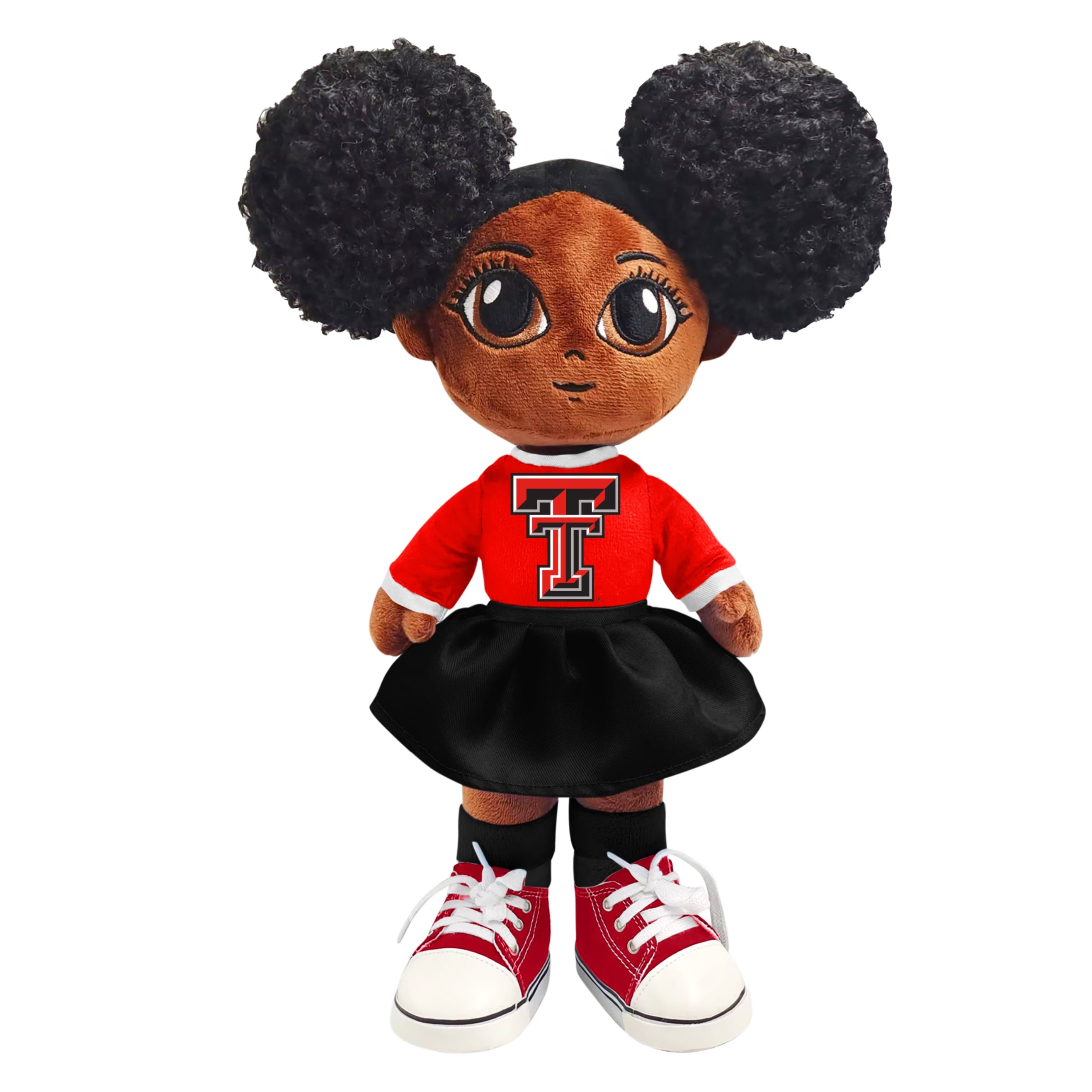 Plush doll with red shirt and black skirt on a white background