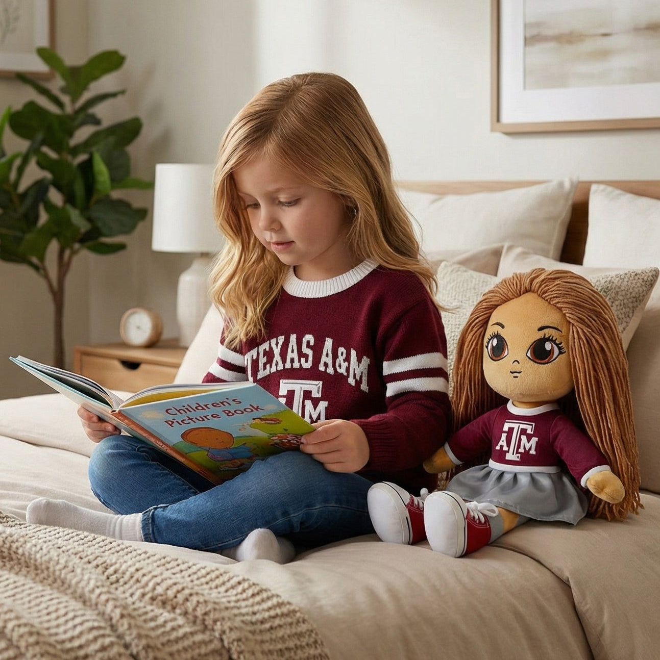 Child reading a book to a doll on a bed in a cozy bedroom.