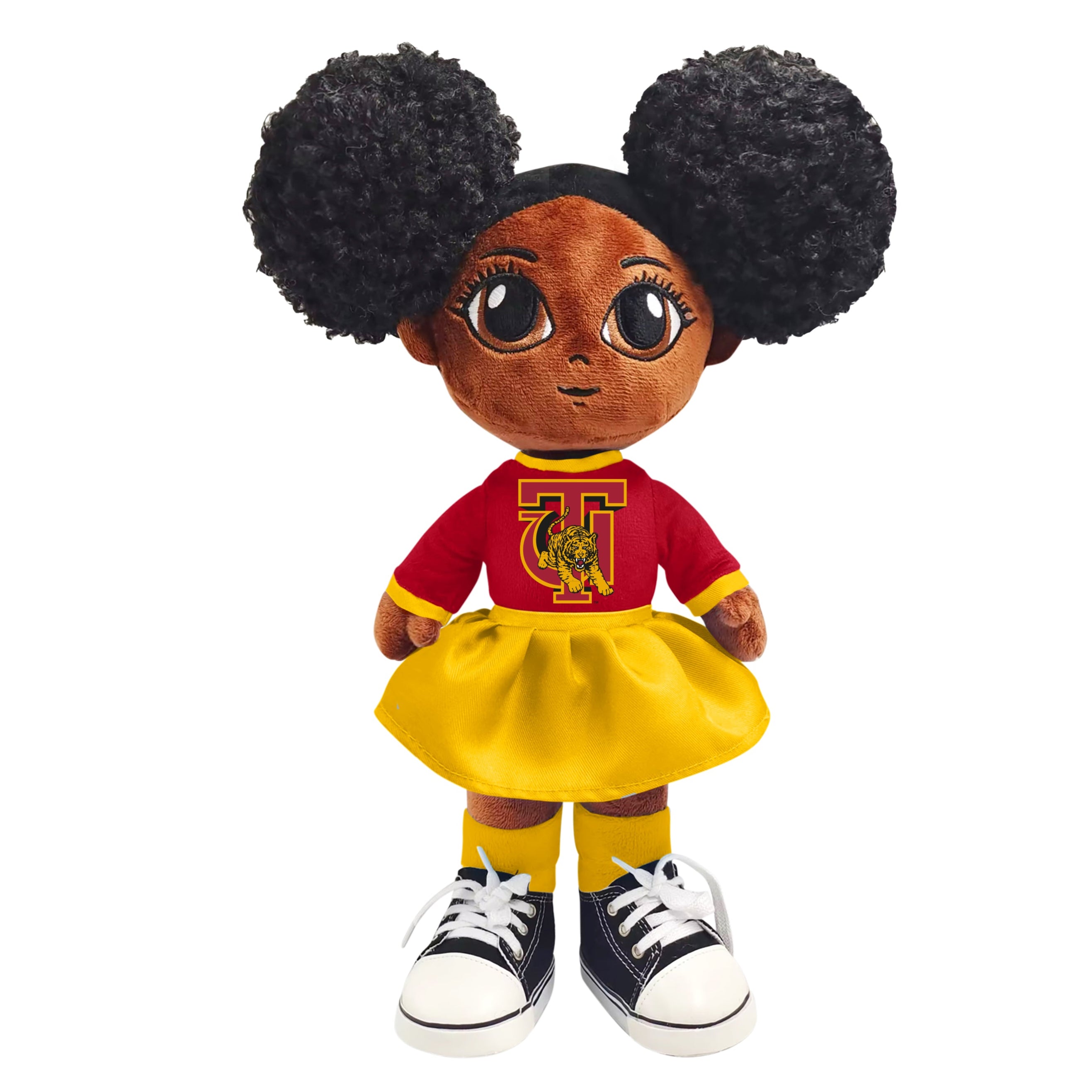 Toy doll with red shirt, yellow skirt, and black shoes on a white background